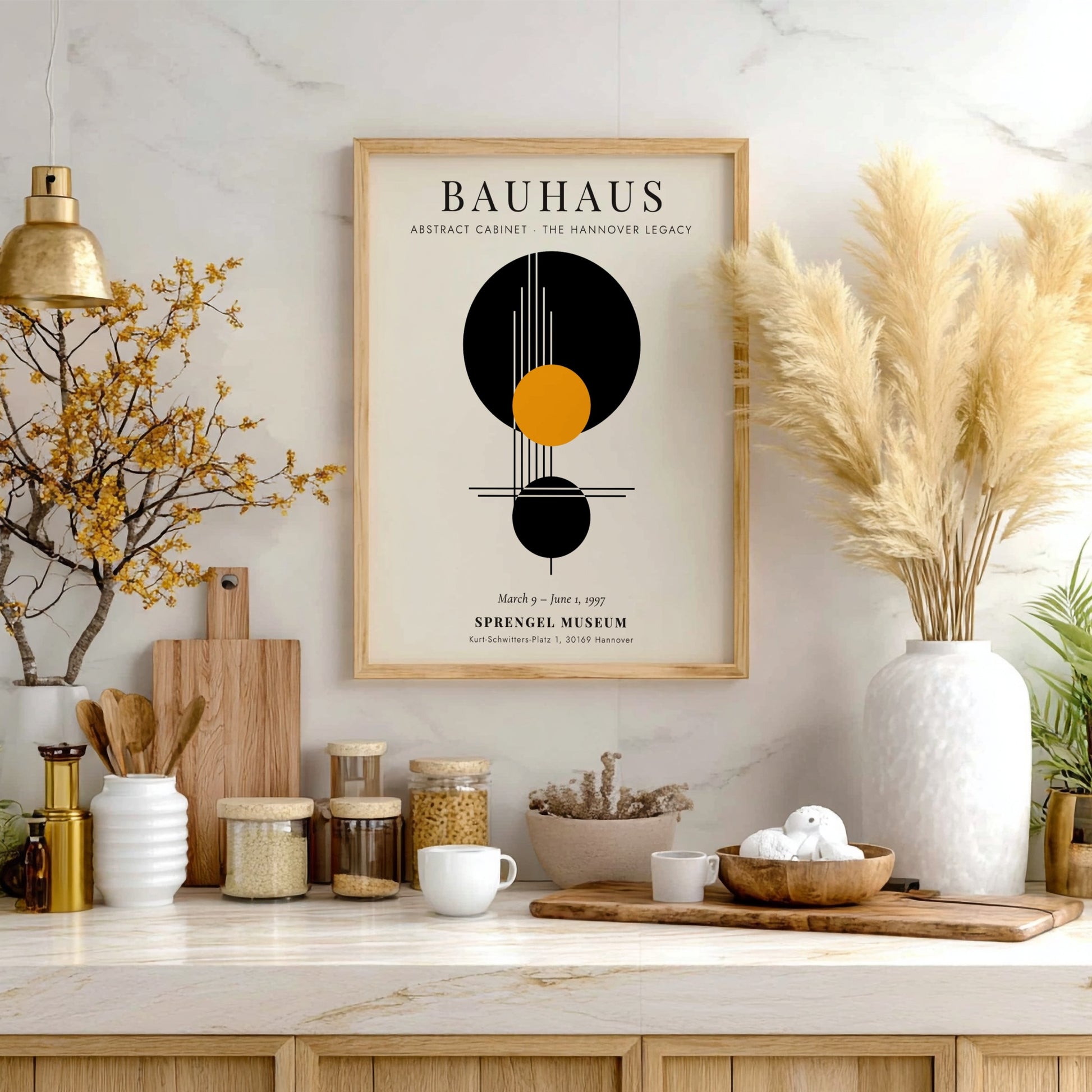Bauhaus poster featuring Abstract Cabinet design with geometric shapes in black, orange, and white colors.