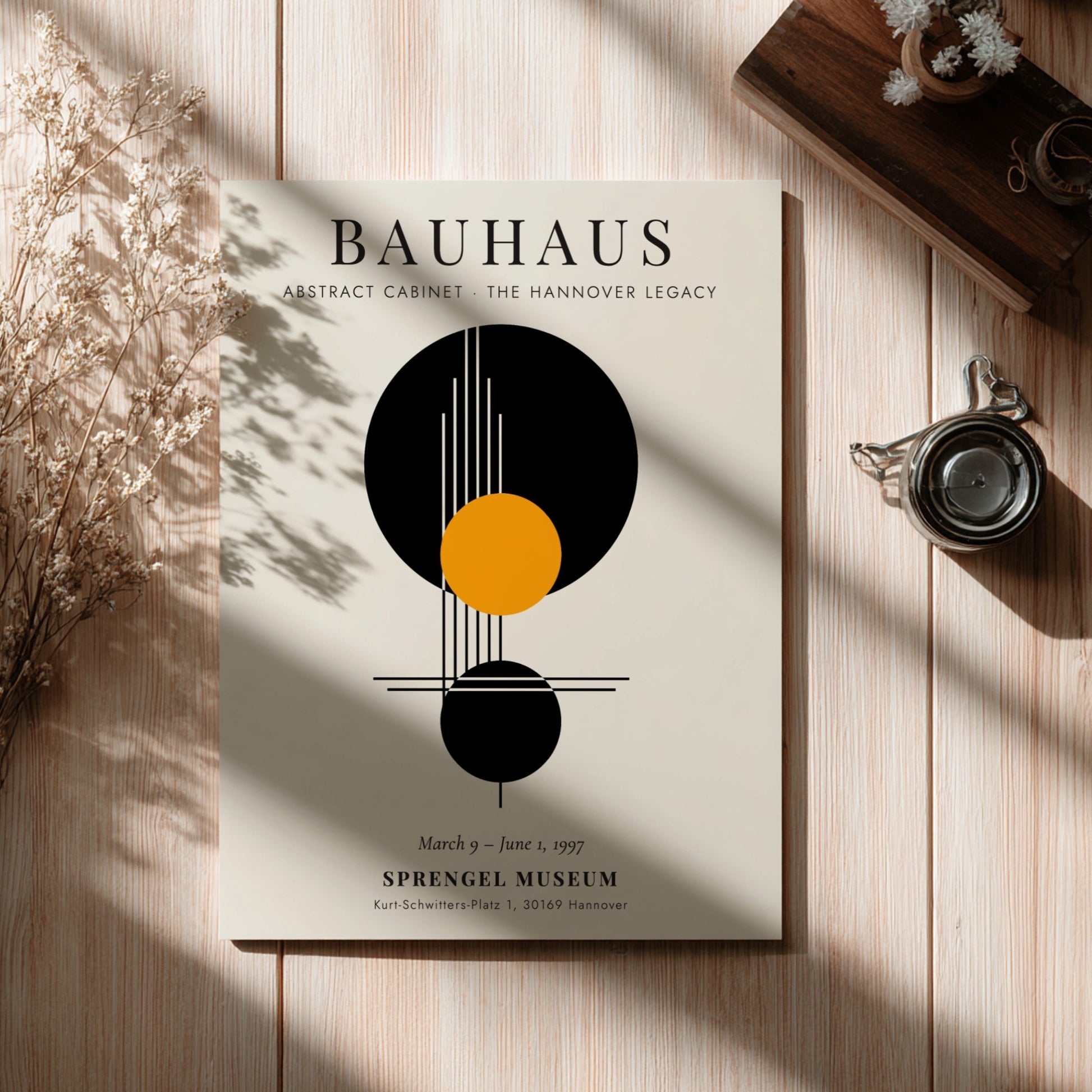 Bauhaus poster featuring Abstract Cabinet design with geometric shapes in black, orange, and white colors.