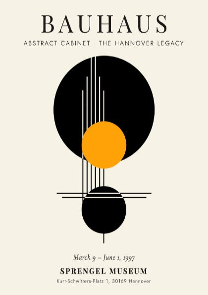 Bauhaus poster featuring Abstract Cabinet design with geometric shapes in black, orange, and white colors.