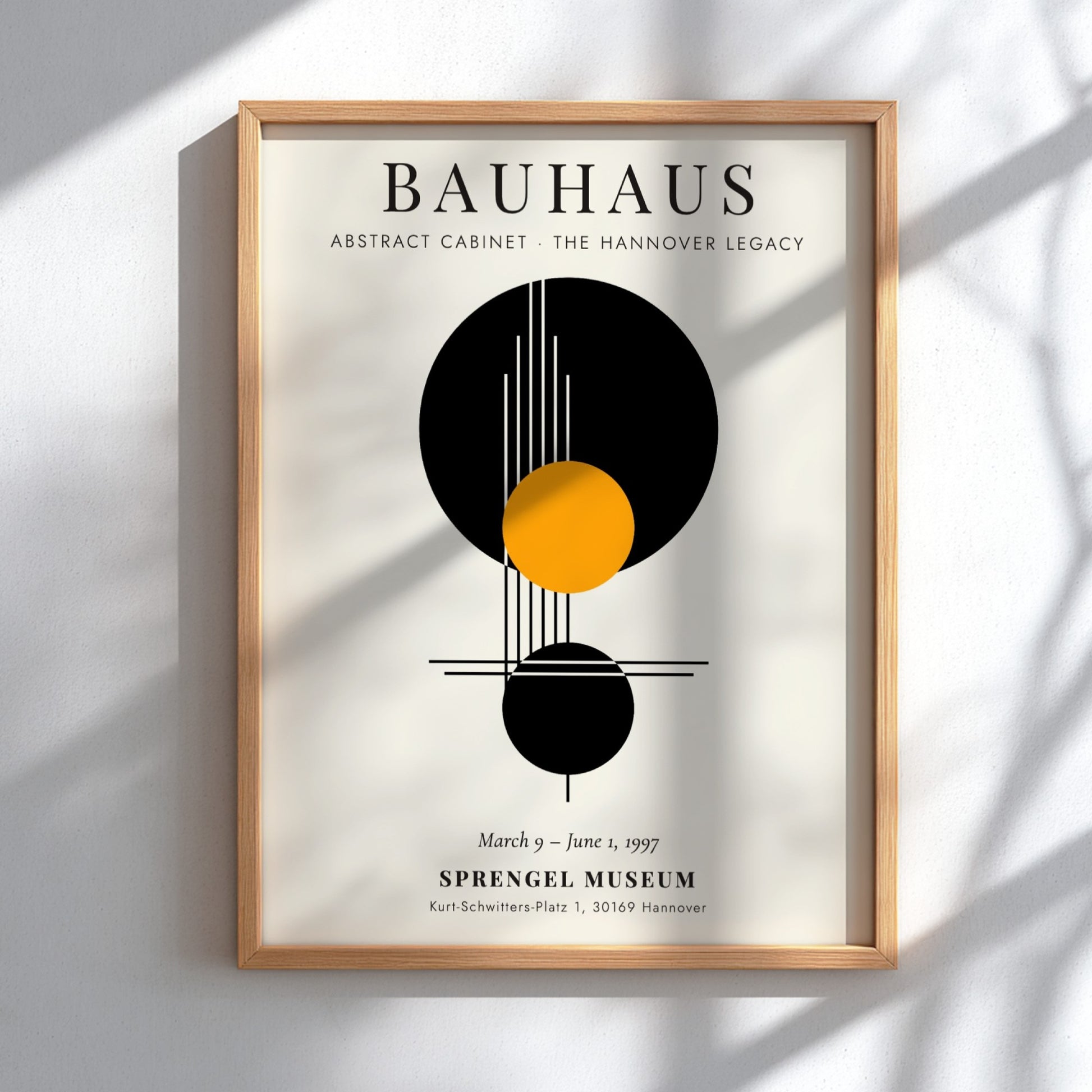 Bauhaus poster featuring Abstract Cabinet design with geometric shapes in black, orange, and white colors.