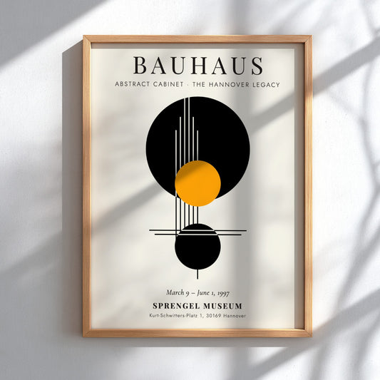 Bauhaus poster featuring Abstract Cabinet design with geometric shapes in black, orange, and white colors.