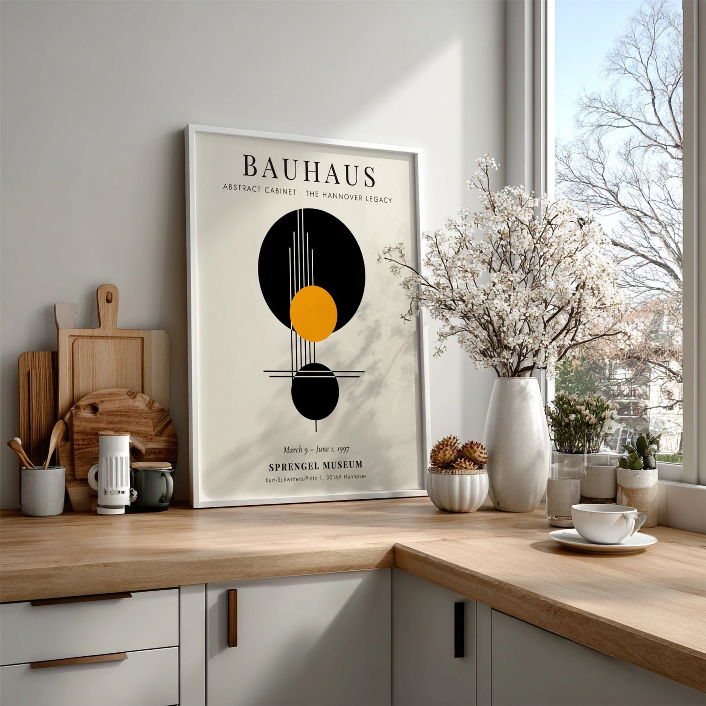 Bauhaus poster featuring Abstract Cabinet design with geometric shapes in black, orange, and white colors.