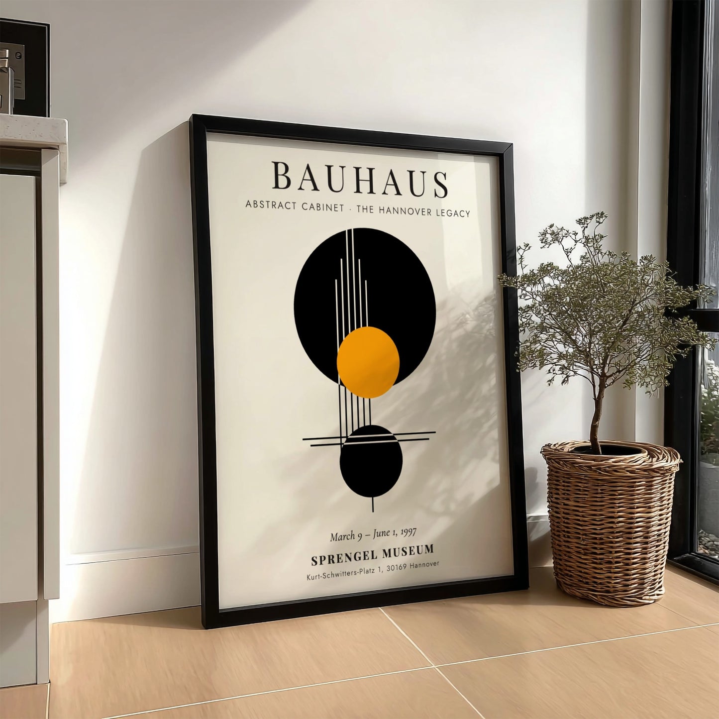 Bauhaus poster featuring Abstract Cabinet design with geometric shapes in black, orange, and white colors.