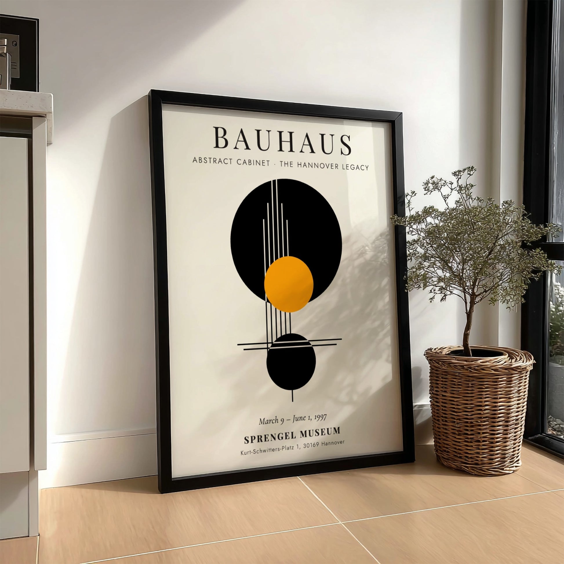 Bauhaus poster featuring Abstract Cabinet design with geometric shapes in black, orange, and white colors.