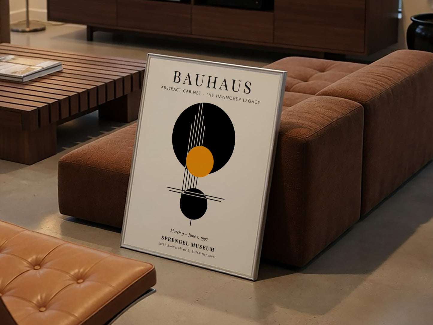 Bauhaus poster featuring Abstract Cabinet design with geometric shapes in black, orange, and white colors.