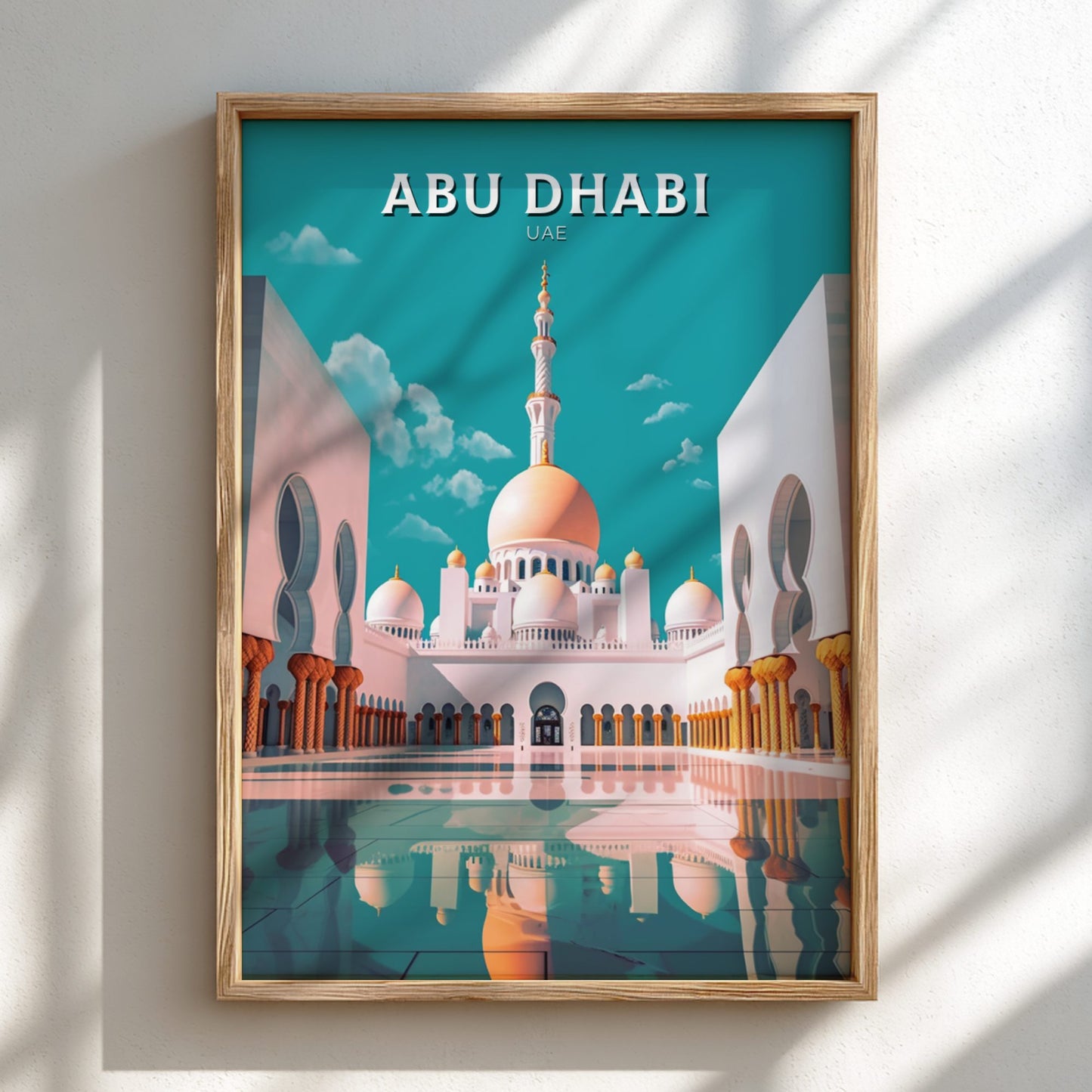Framed poster of Abu Dhabi with a mosque on a teal background