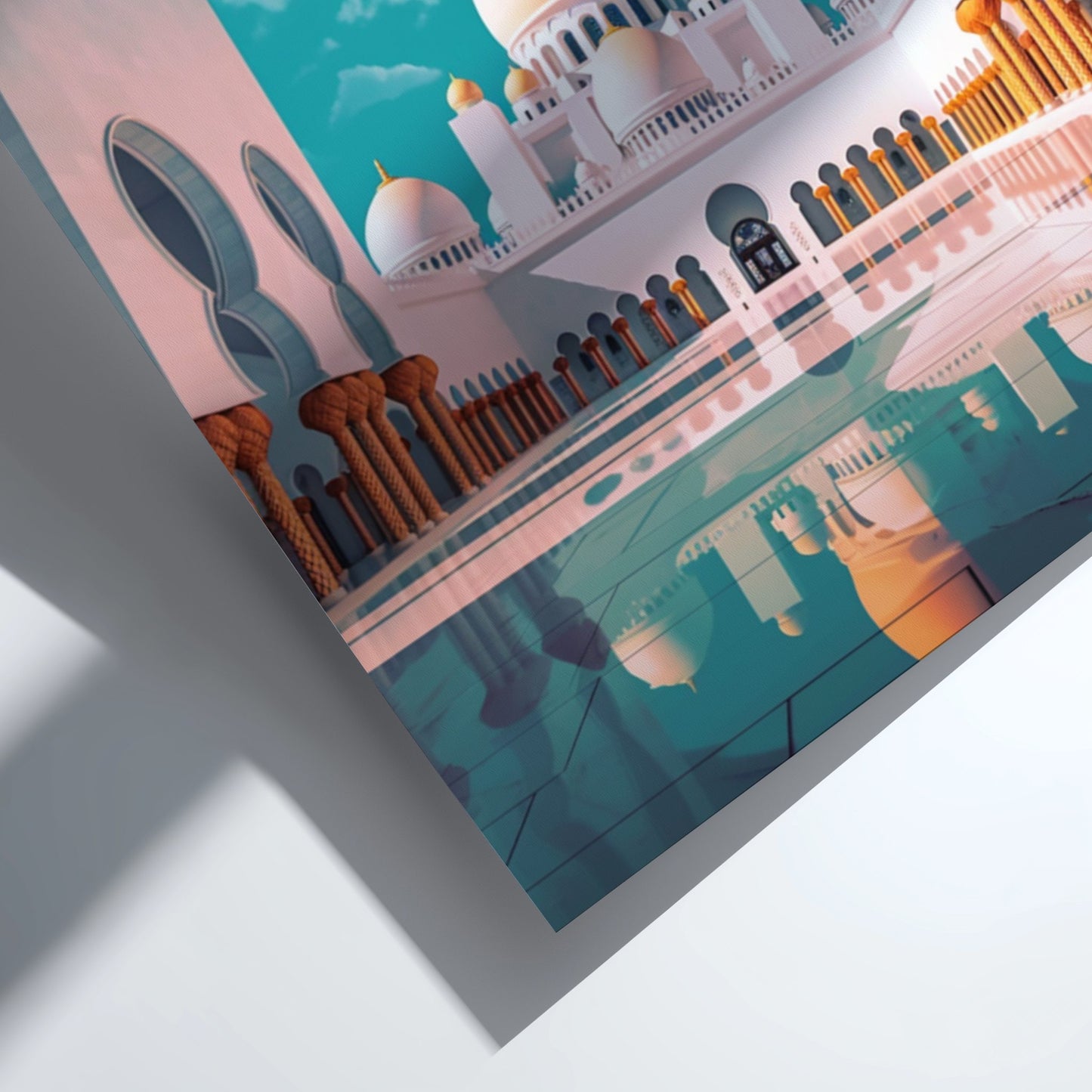 Illustration of a mosque with domes and minarets reflected in water on a white background