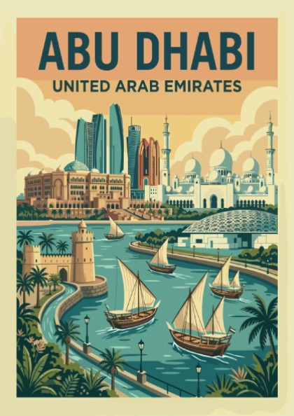 Retro Abu Dhabi travel poster with city skyline and boats, featuring warm colors and vintage style.