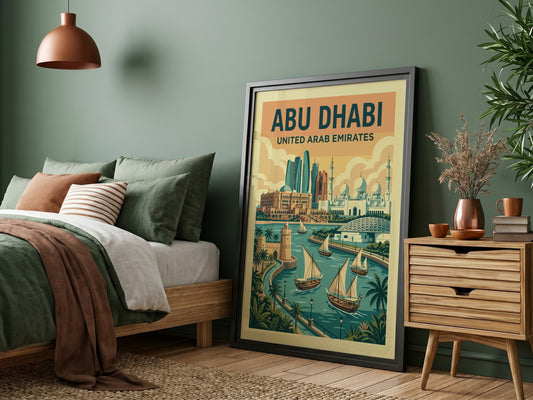Retro Abu Dhabi travel poster with city skyline and boats, featuring warm colors and vintage style.
