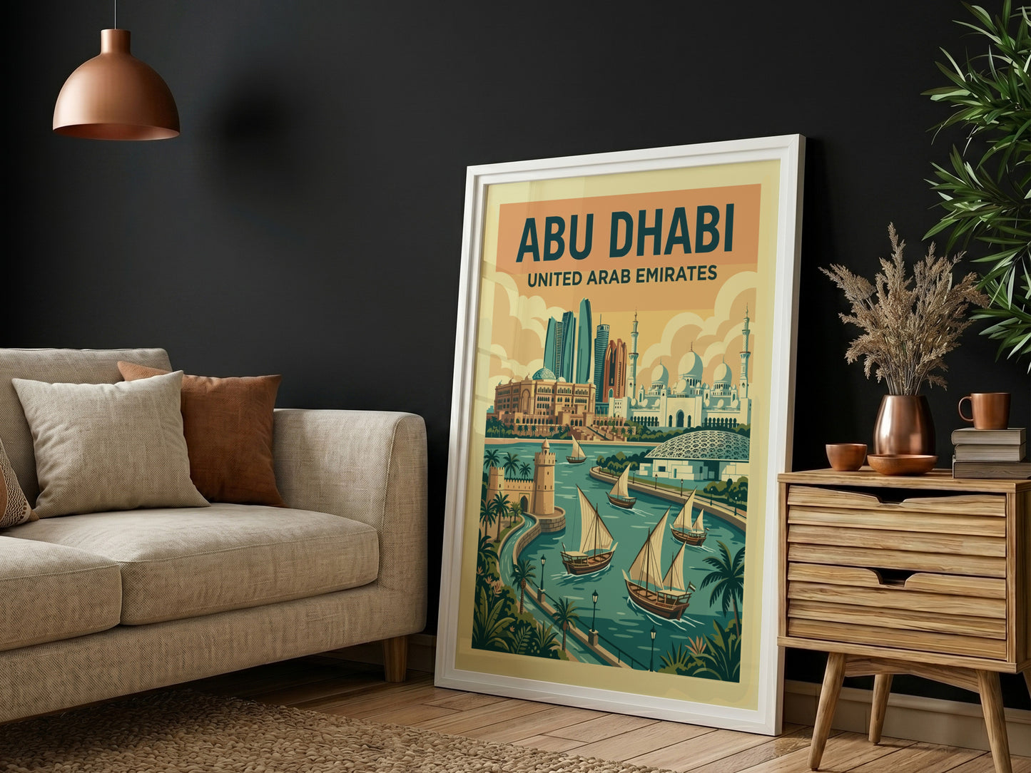 Retro Abu Dhabi travel poster with city skyline and boats, featuring warm colors and vintage style.