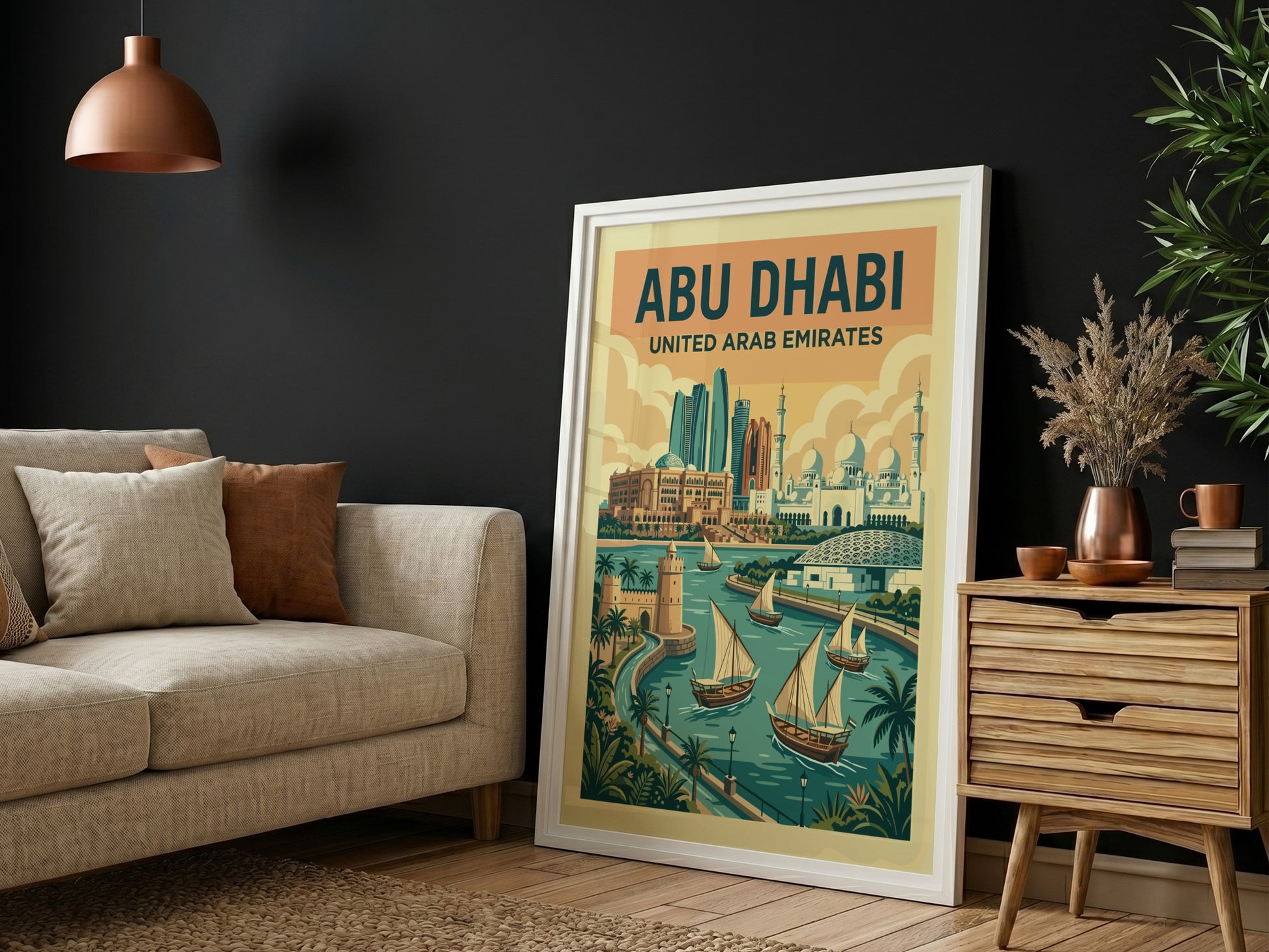 Retro Abu Dhabi travel poster with city skyline and boats, featuring warm colors and vintage style.