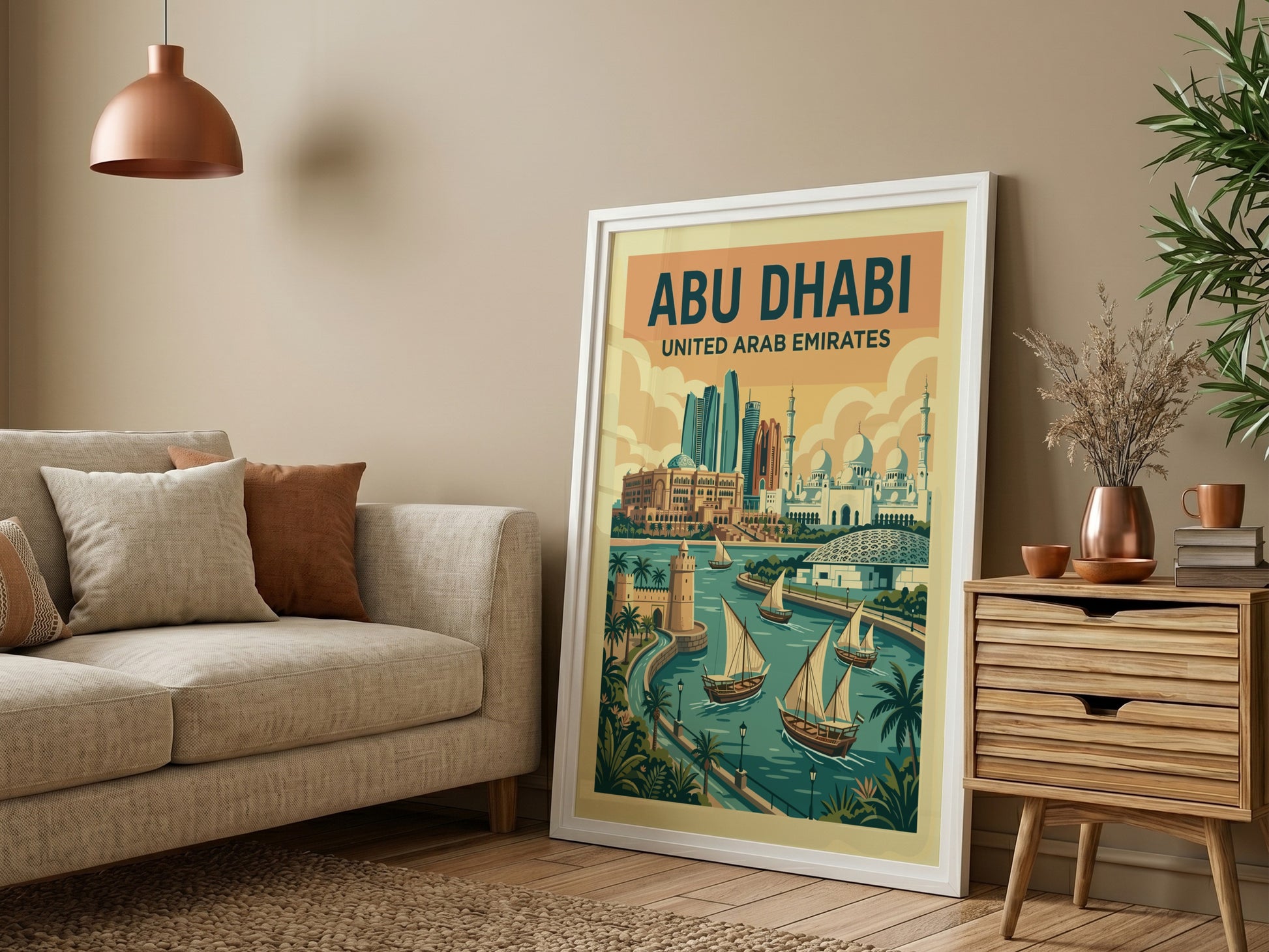 Retro Abu Dhabi travel poster with city skyline and boats, featuring warm colors and vintage style.