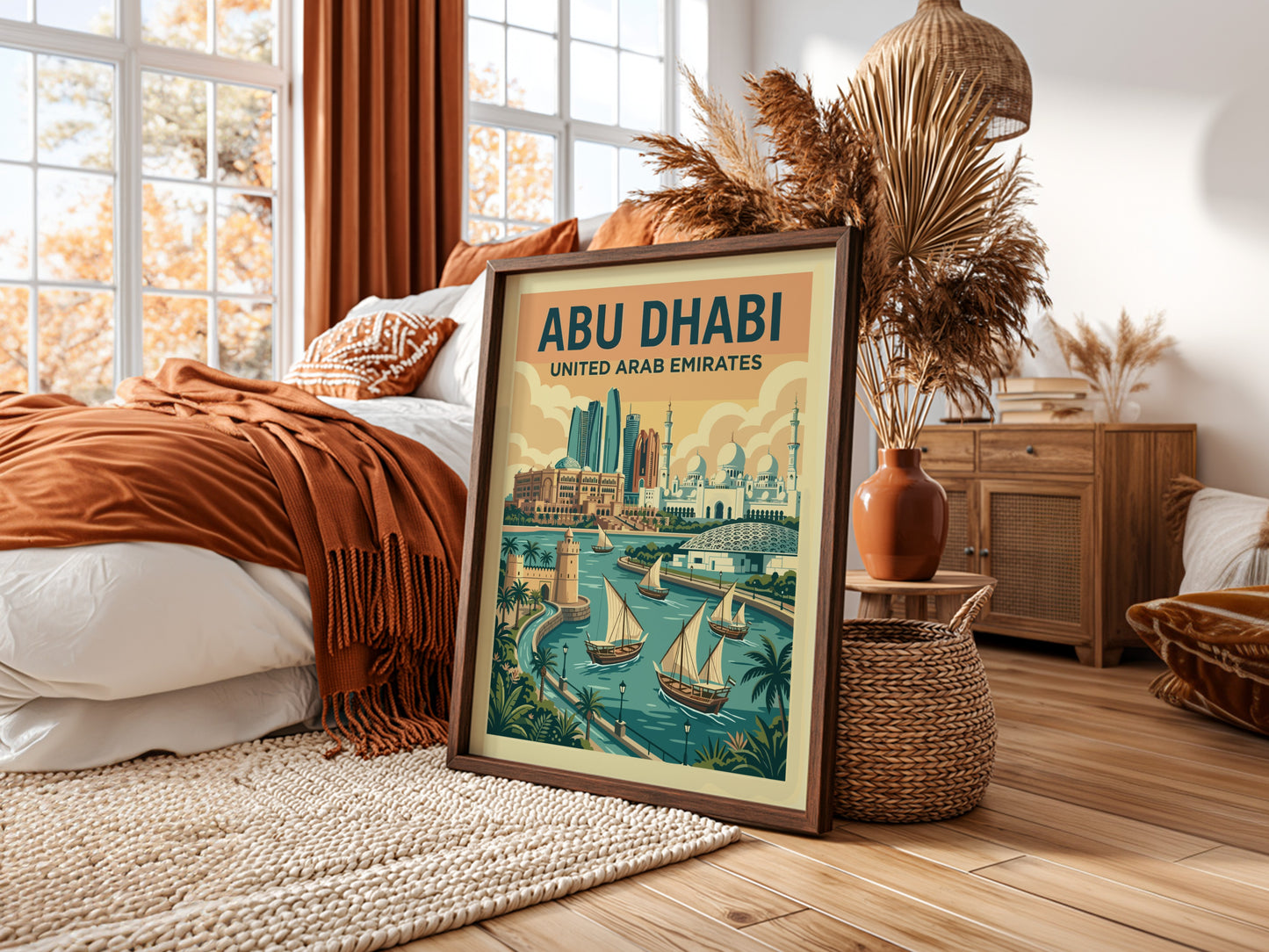 Retro Abu Dhabi travel poster with city skyline and boats, featuring warm colors and vintage style.