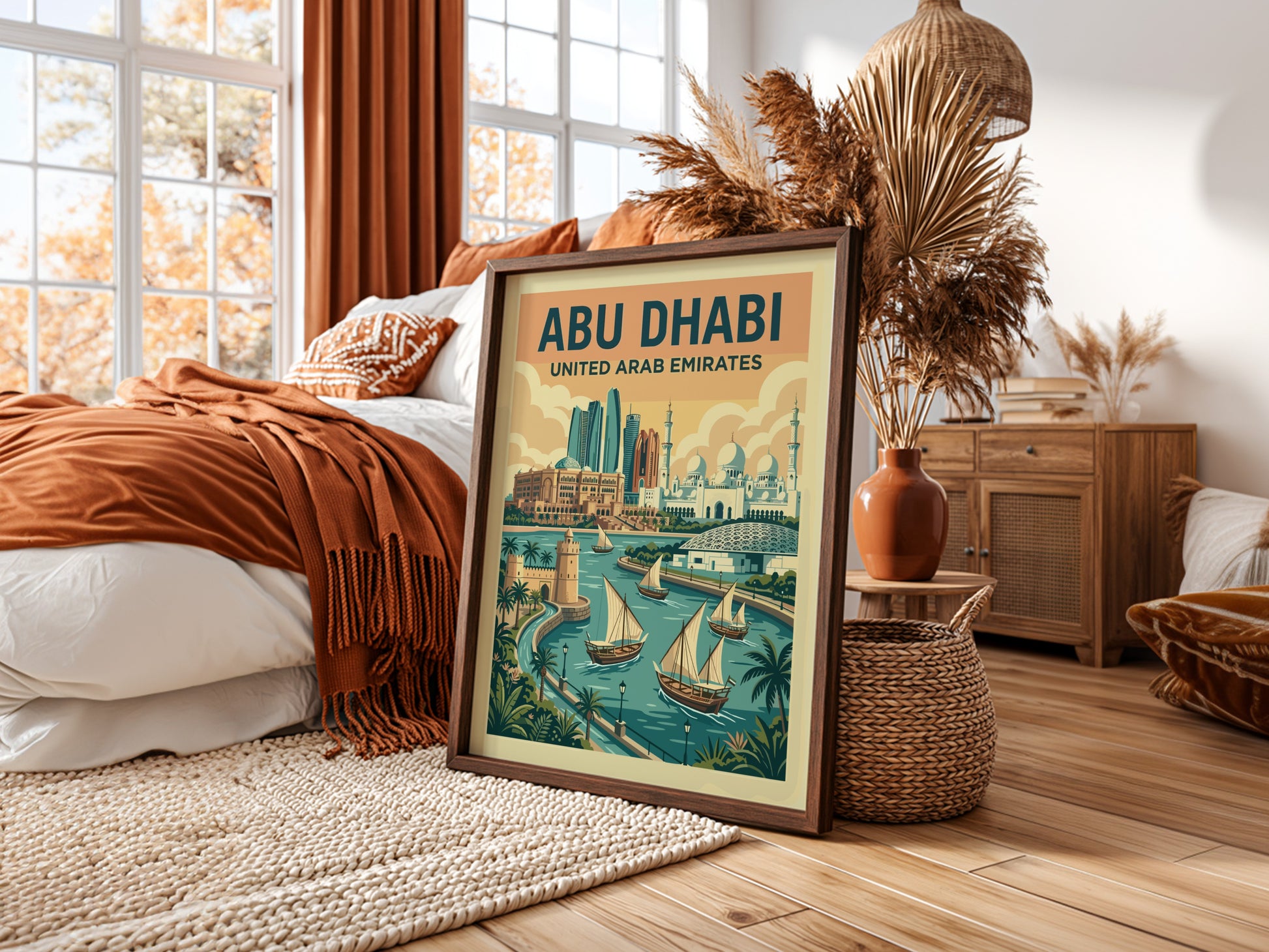 Retro Abu Dhabi travel poster with city skyline and boats, featuring warm colors and vintage style.