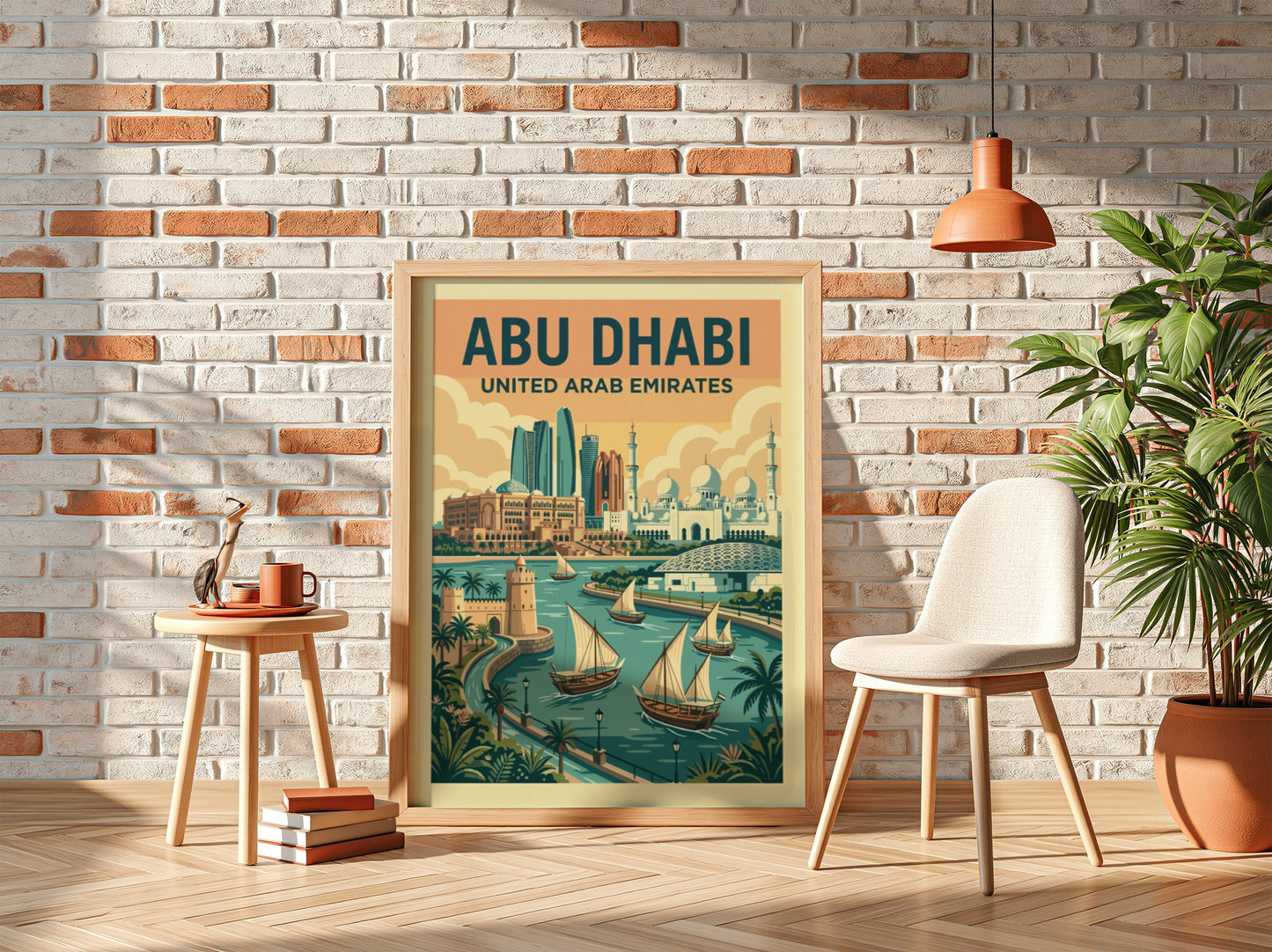 Retro Abu Dhabi travel poster with city skyline and boats, featuring warm colors and vintage style.
