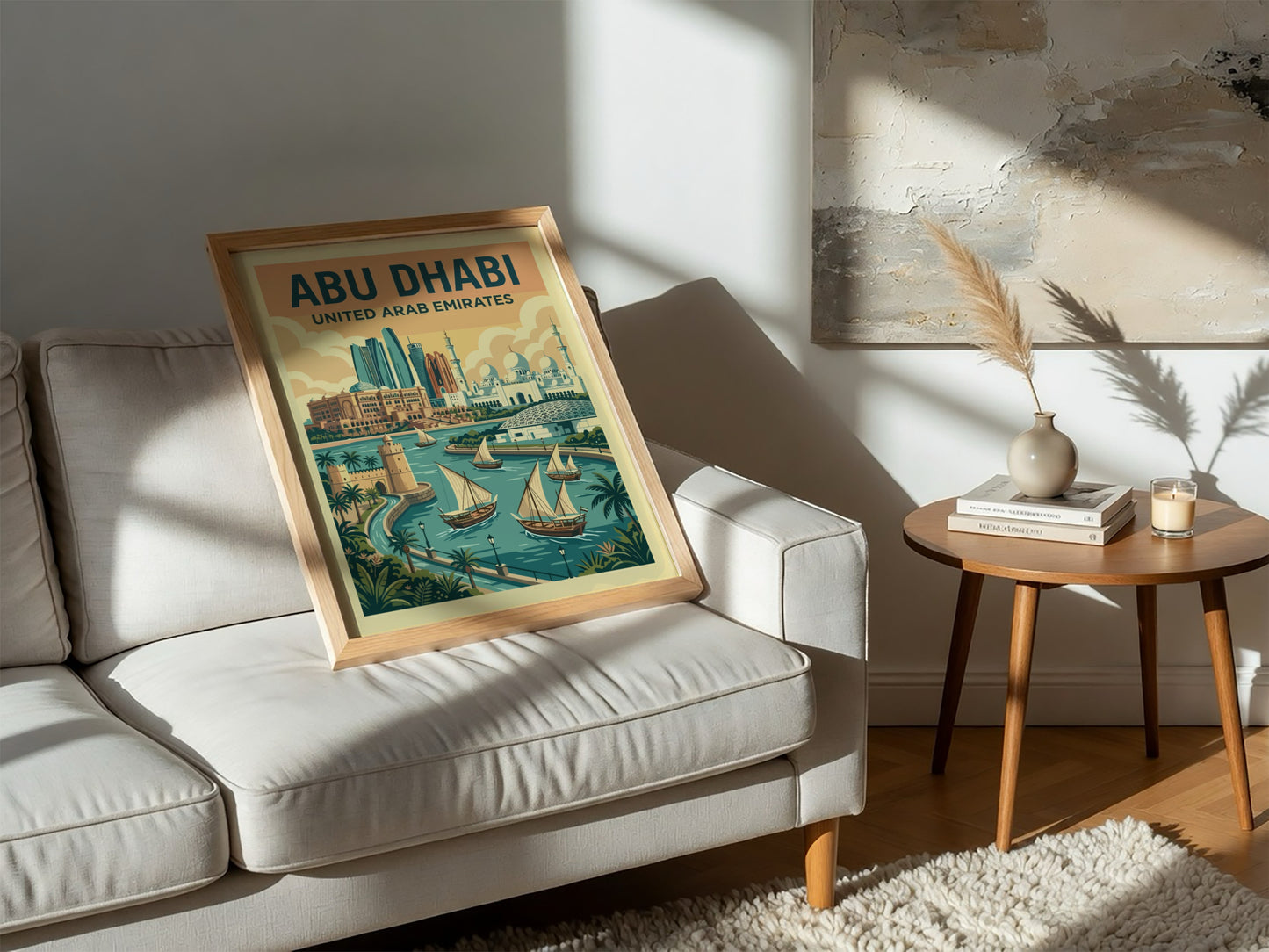 Retro Abu Dhabi travel poster with city skyline and boats, featuring warm colors and vintage style.