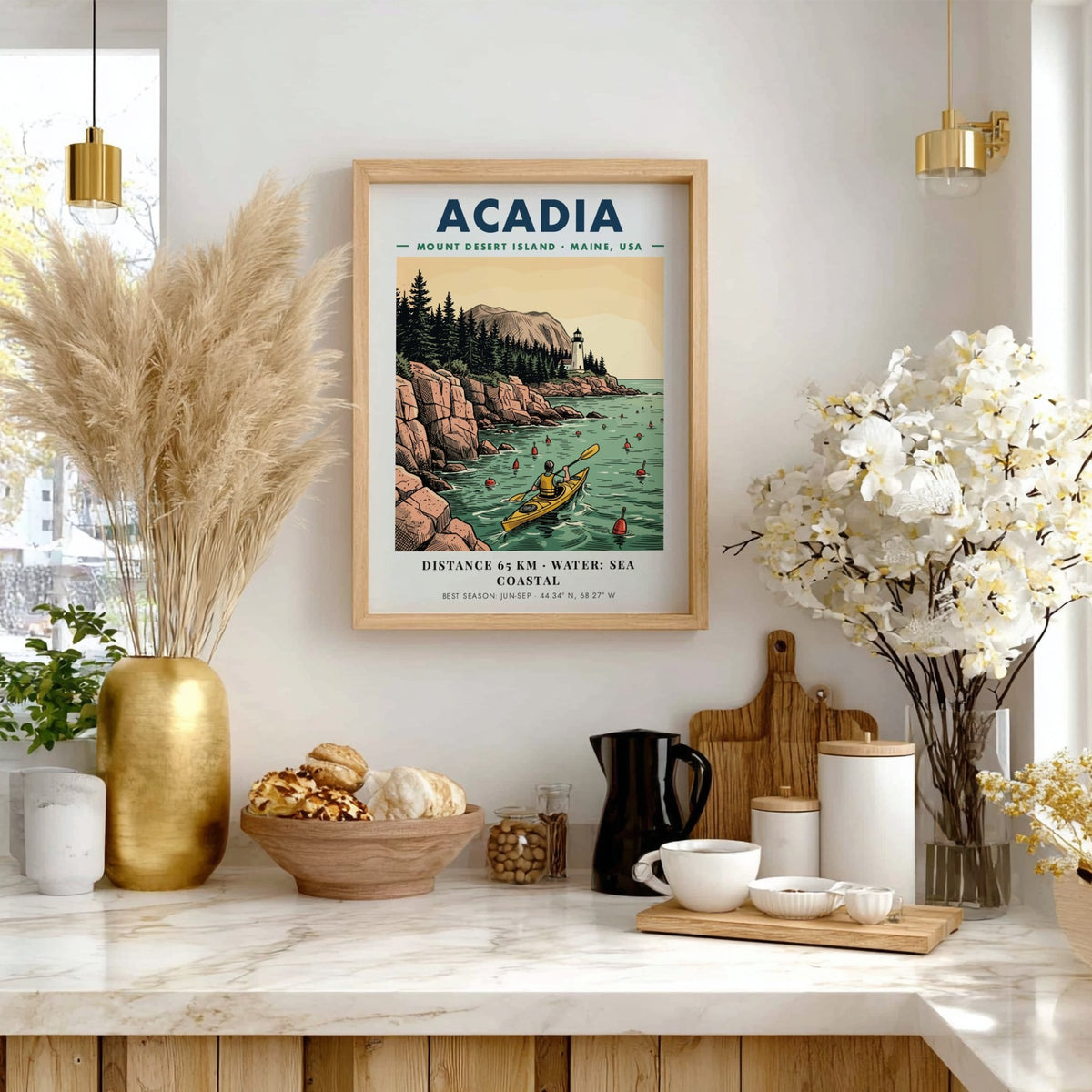 Poster of a kayaker paddling past a lighthouse on the rocky Maine coast
