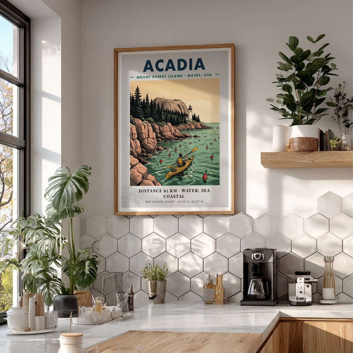 Poster of a kayaker paddling past a lighthouse on the rocky Maine coast