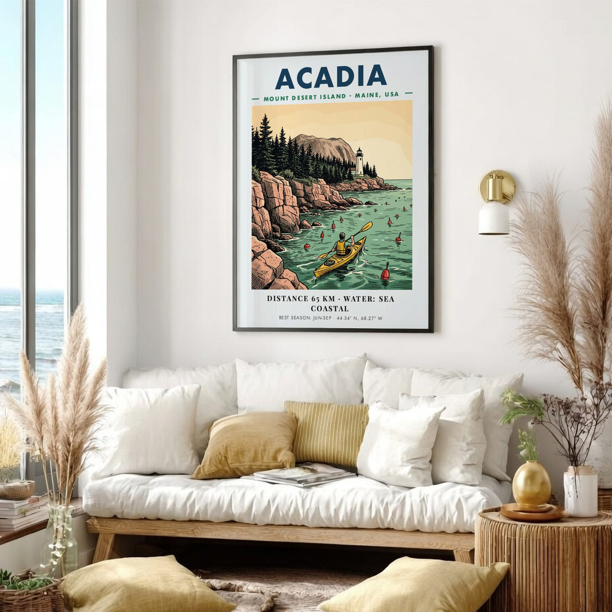 Poster of a kayaker paddling past a lighthouse on the rocky Maine coast