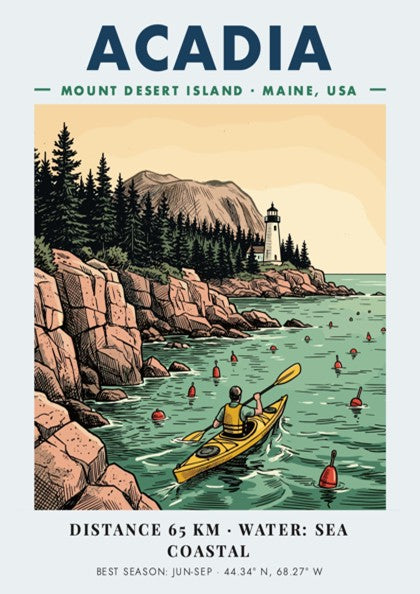 Poster of a kayaker paddling past a lighthouse on the rocky Maine coast