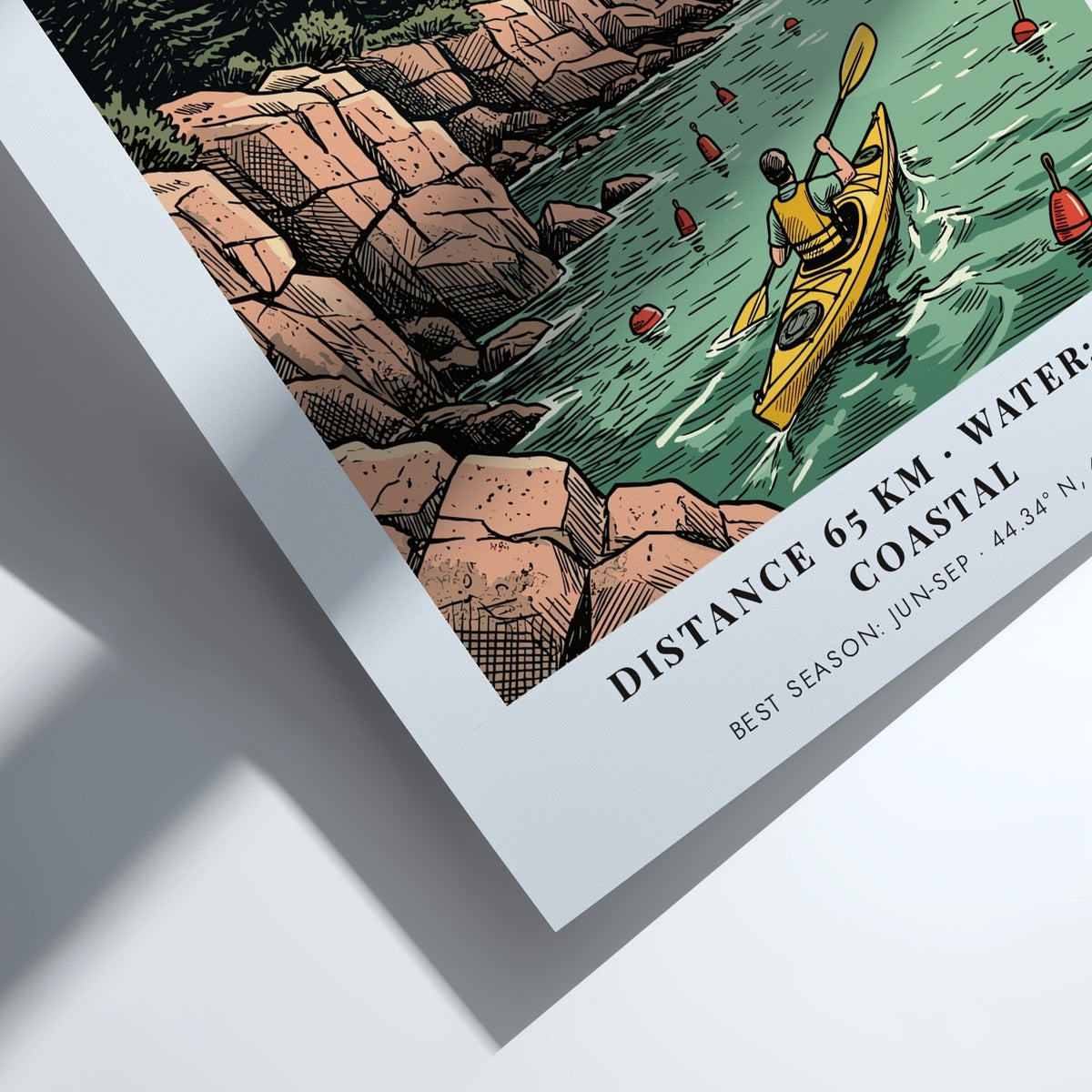 Poster of a kayaker paddling past a lighthouse on the rocky Maine coast