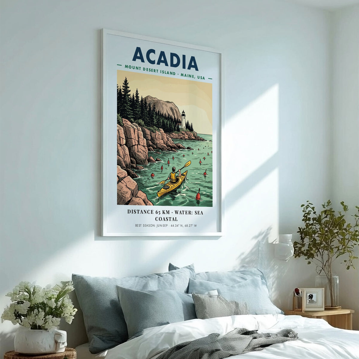 Poster of a kayaker paddling past a lighthouse on the rocky Maine coast