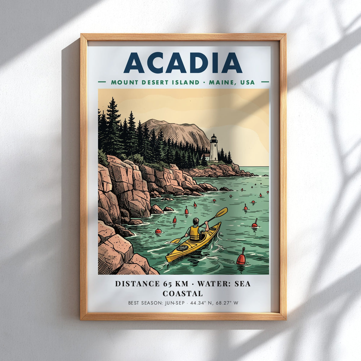 Poster of a kayaker paddling past a lighthouse on the rocky Maine coast