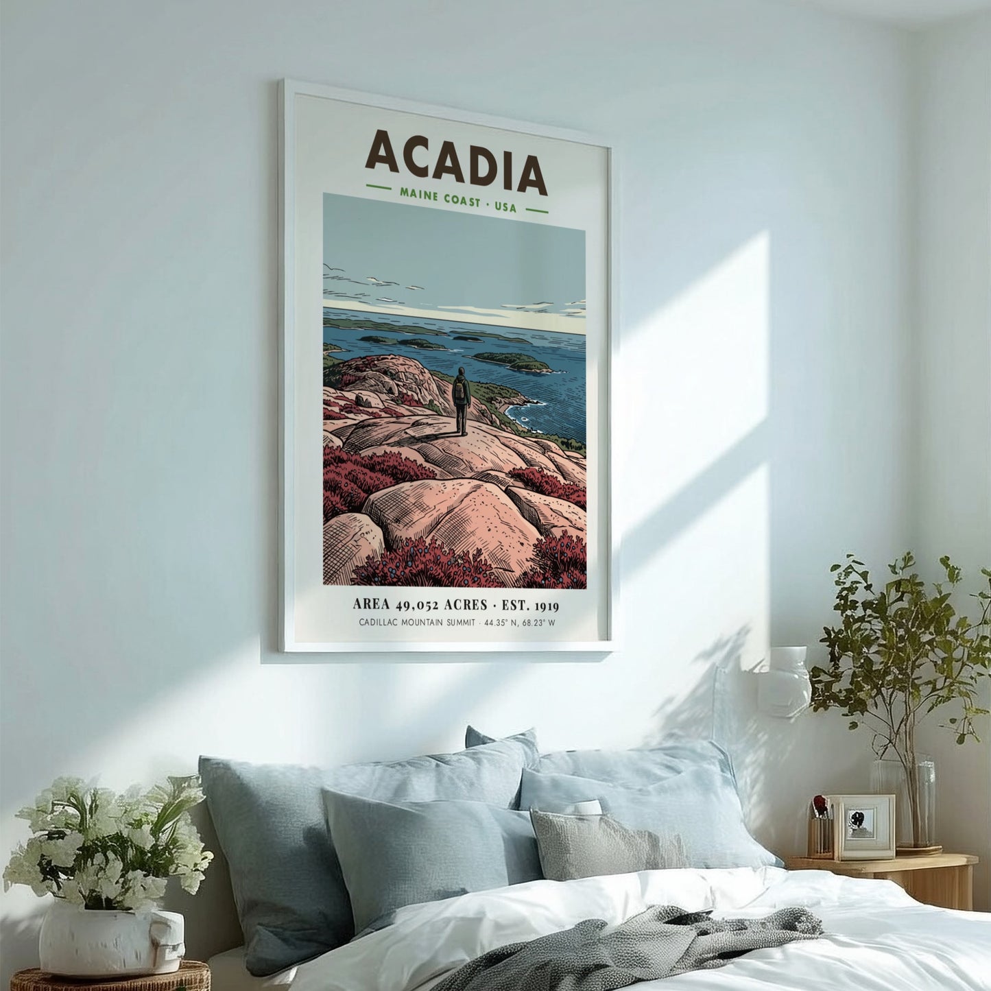 Acadia National Park travel poster showing a hiker overlooking the blue Maine coast.