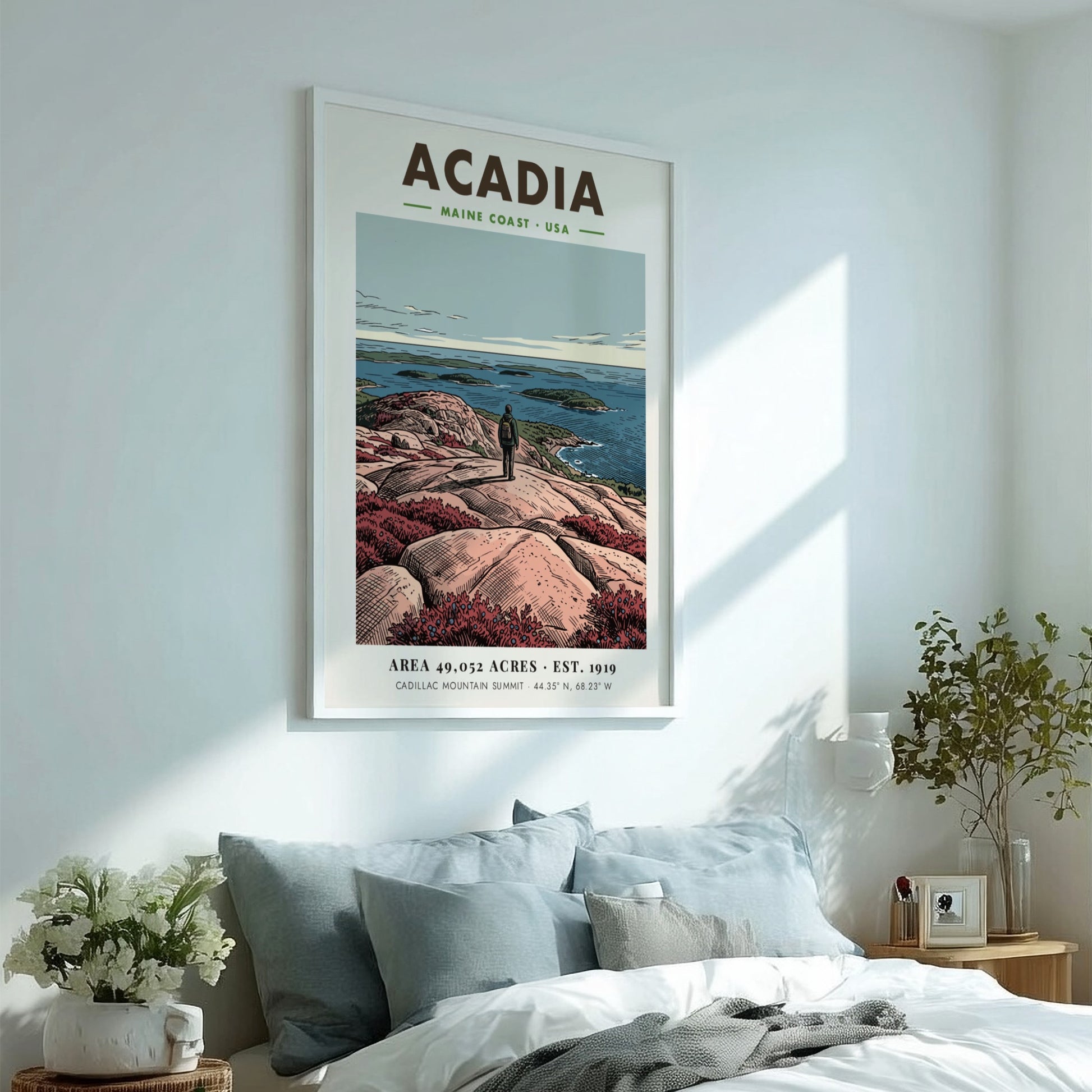 Acadia National Park travel poster showing a hiker overlooking the blue Maine coast.