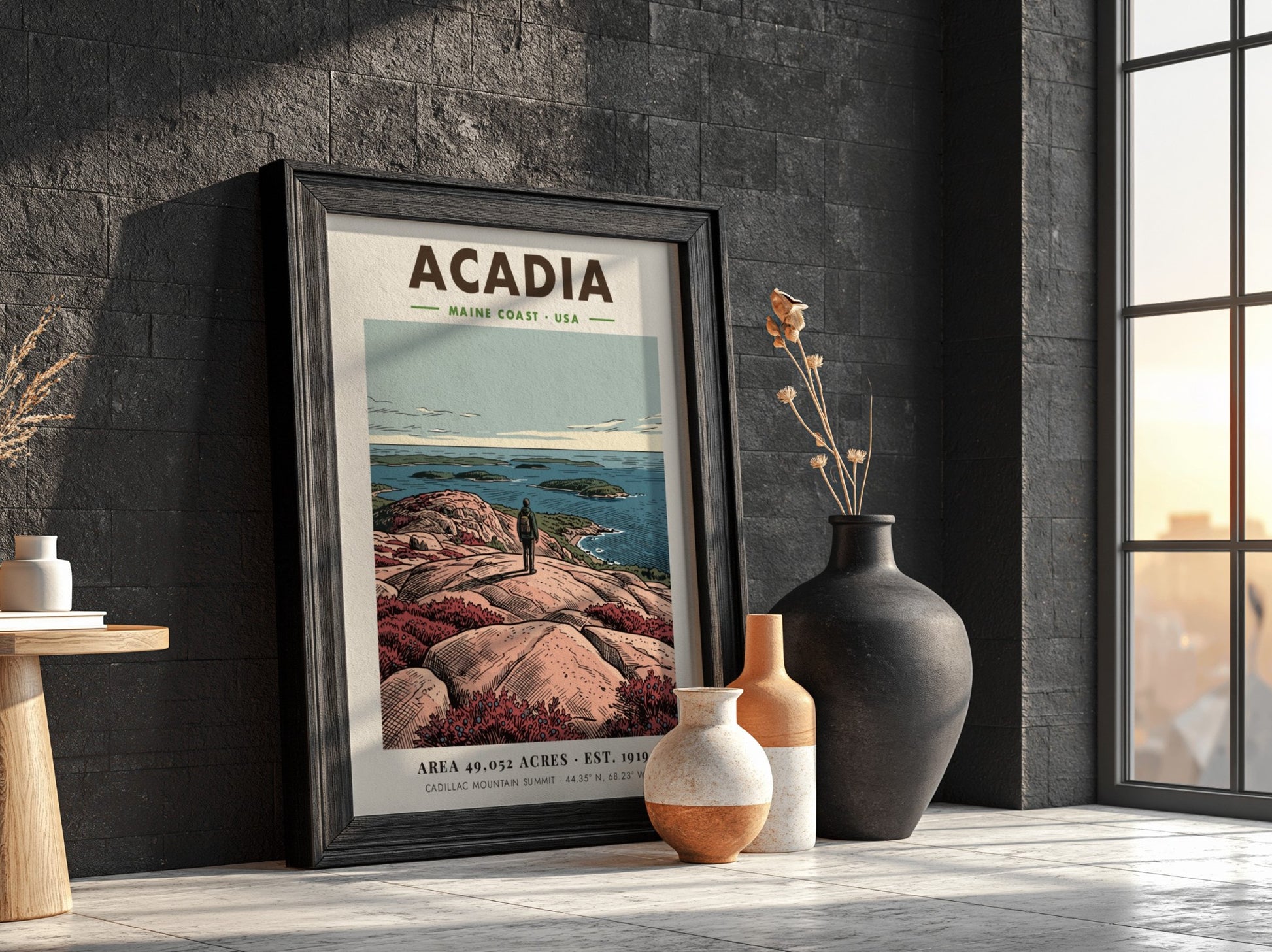Acadia National Park travel poster showing a hiker overlooking the blue Maine coast.