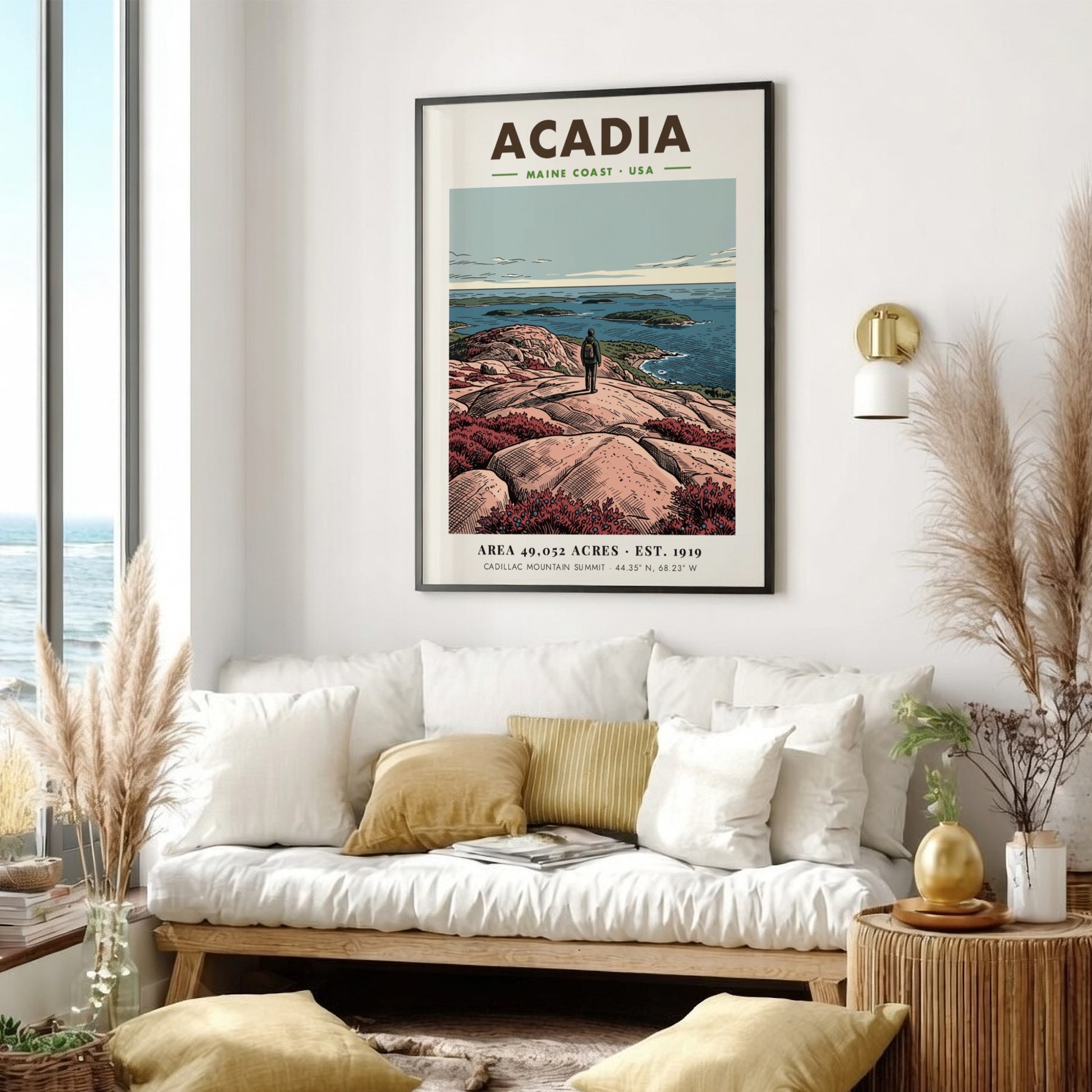 Acadia National Park travel poster showing a hiker overlooking the blue Maine coast.