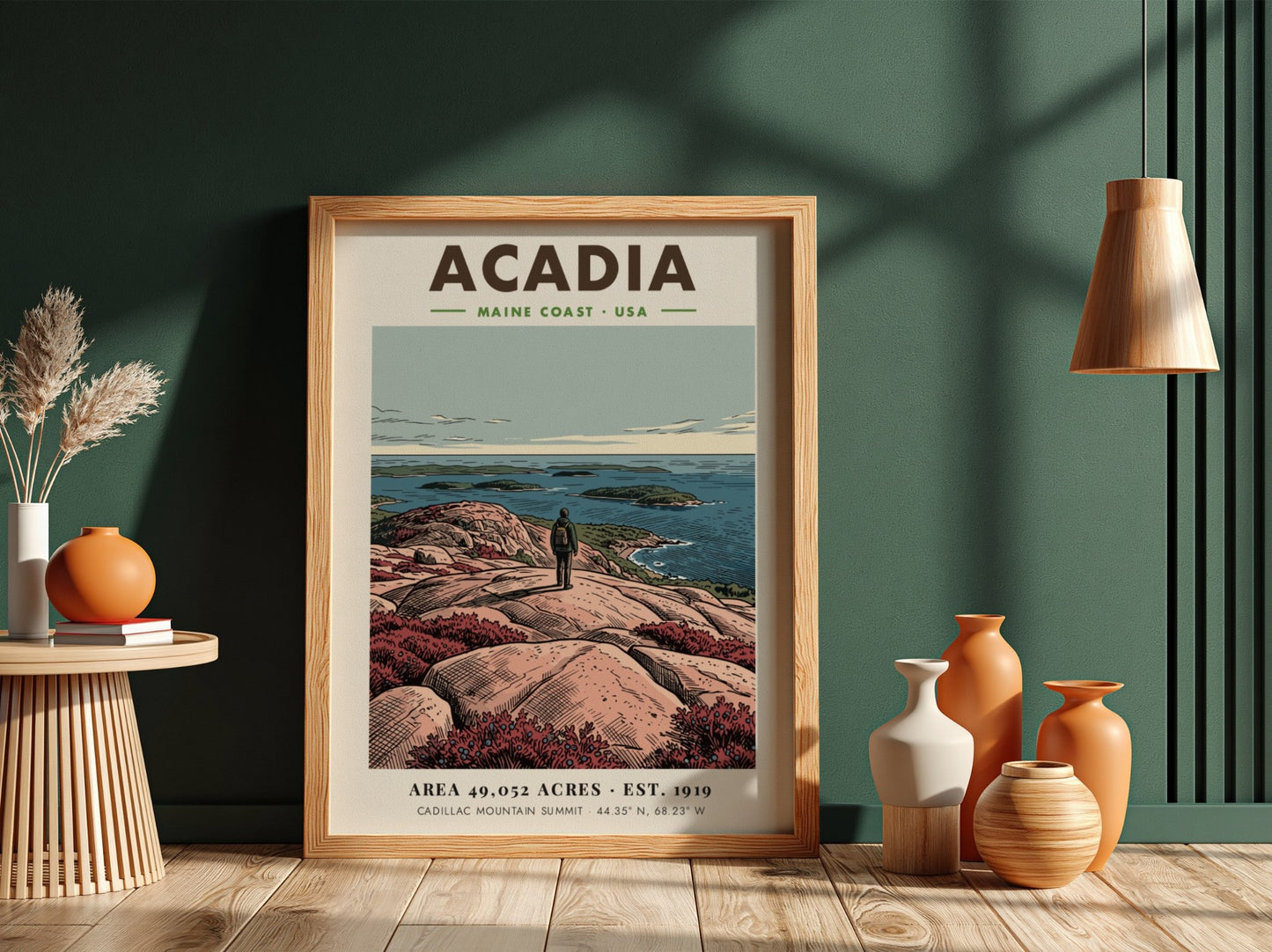 Acadia National Park travel poster showing a hiker overlooking the blue Maine coast.