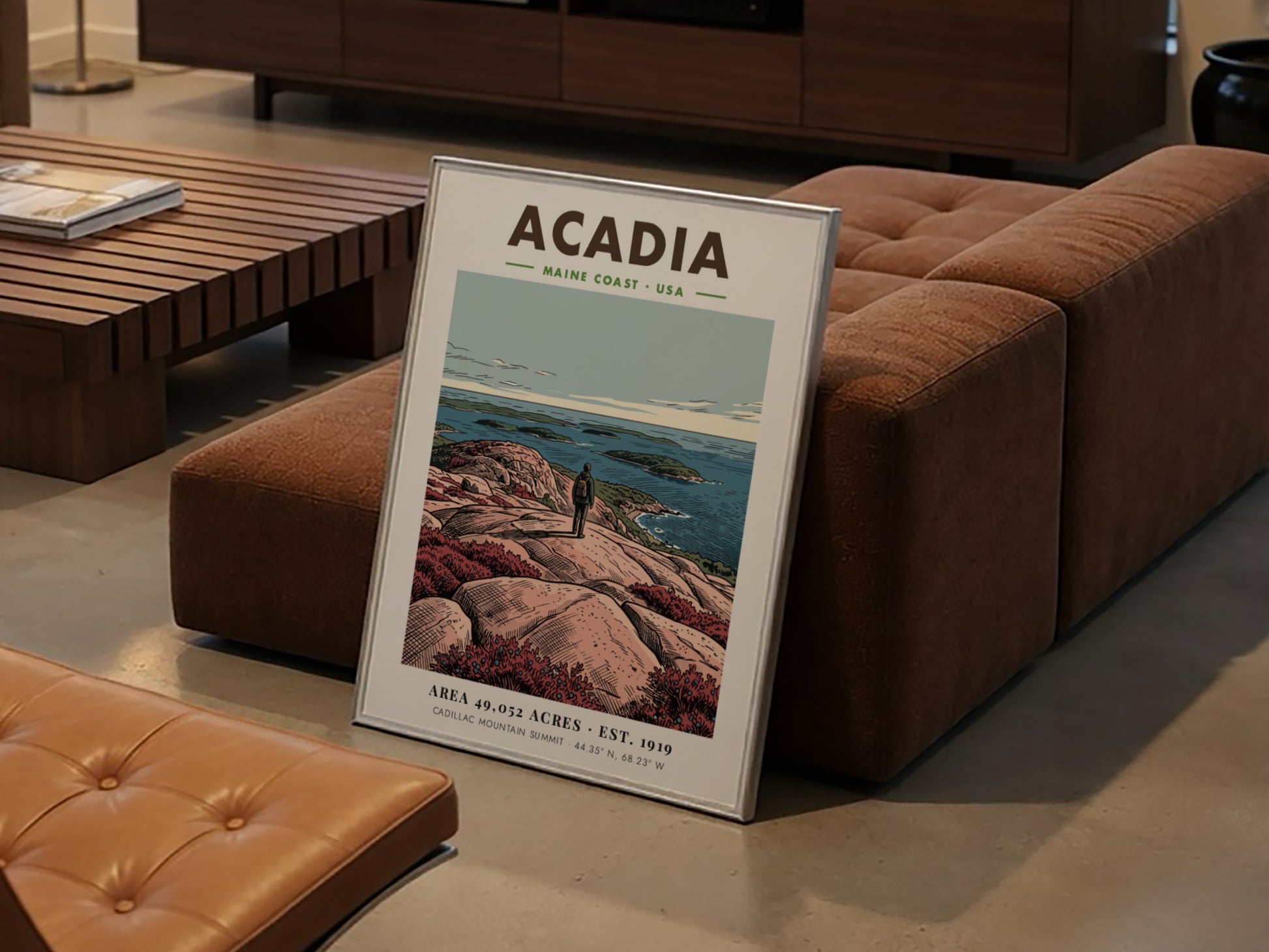 Acadia National Park travel poster showing a hiker overlooking the blue Maine coast.