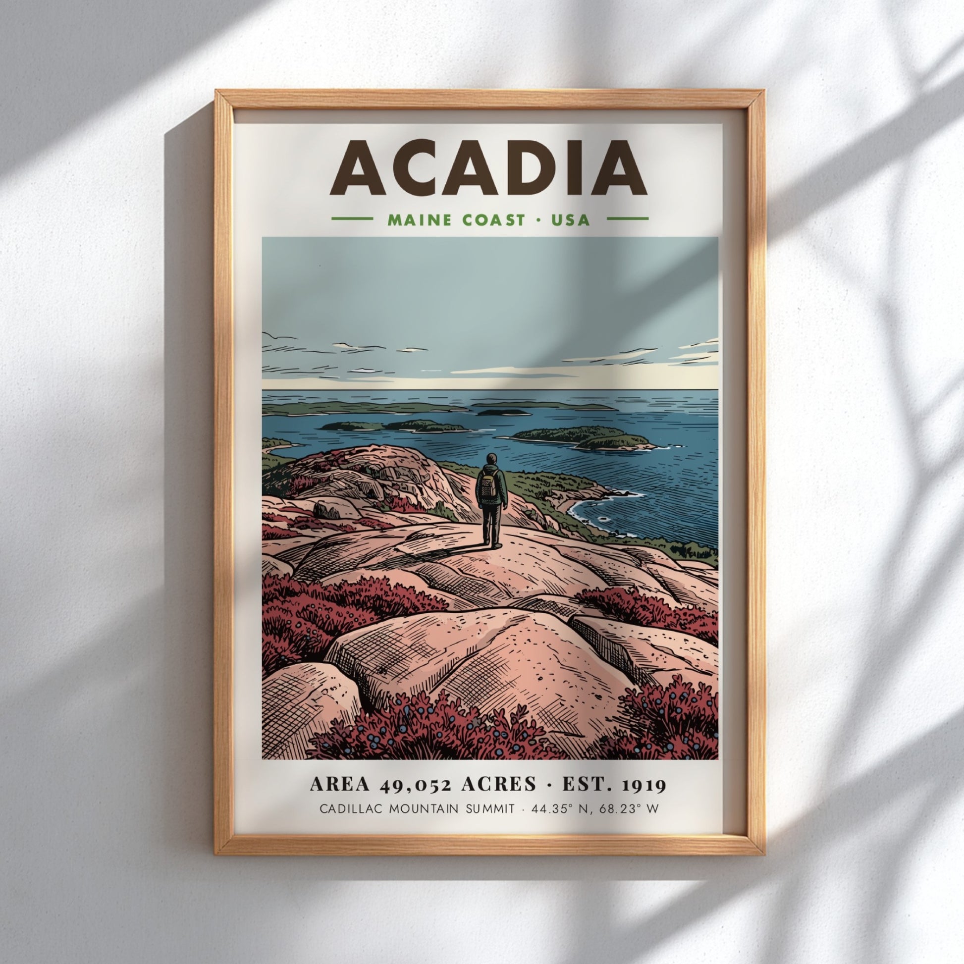 Acadia National Park travel poster showing a hiker overlooking the blue Maine coast.