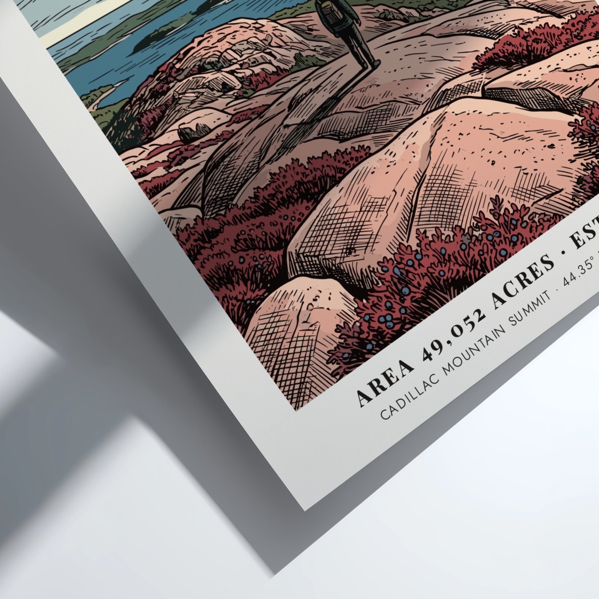 Acadia National Park travel poster showing a hiker overlooking the blue Maine coast.