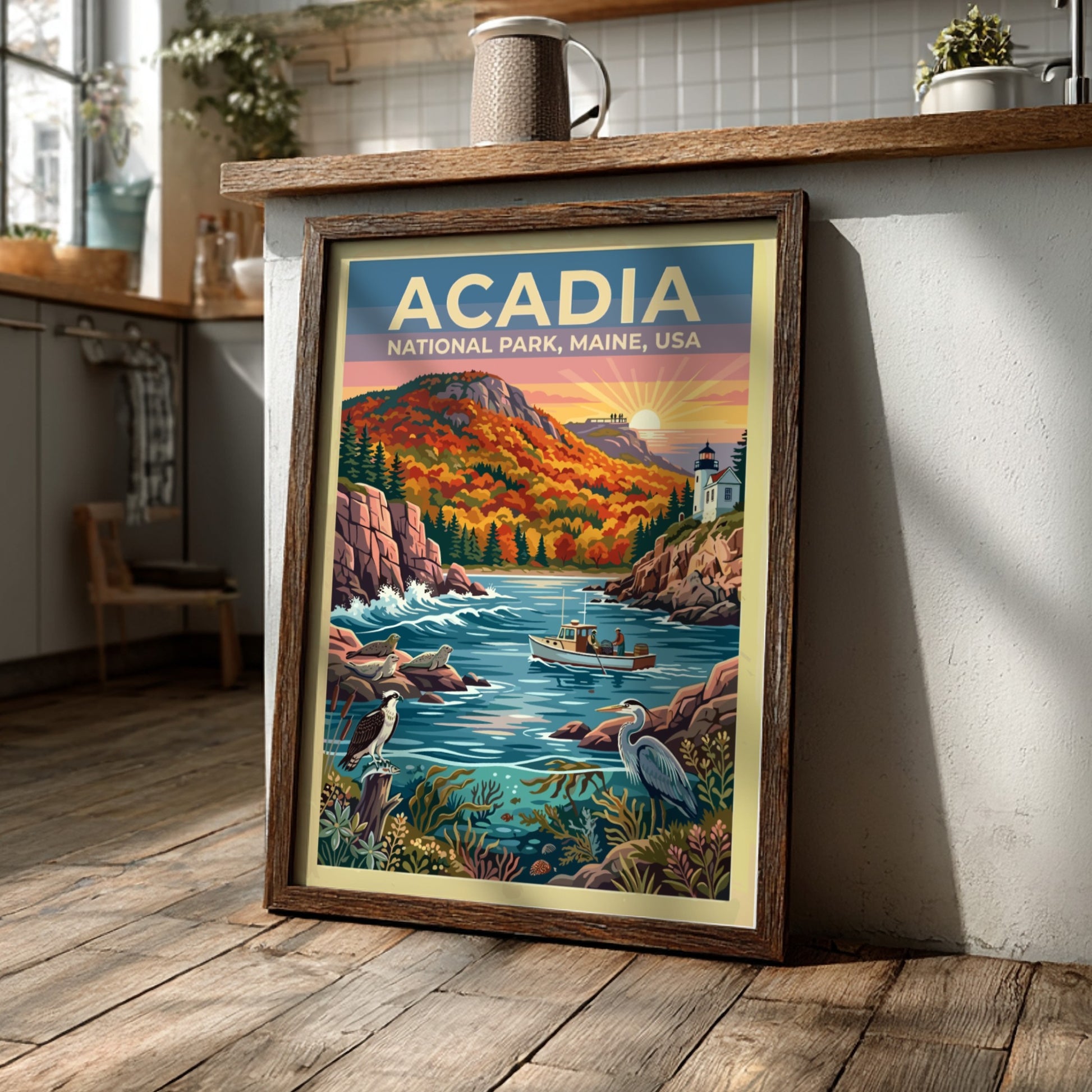 Travel poster of Acadia National Park featuring a lighthouse, fishing boat, and coastal wildlife.