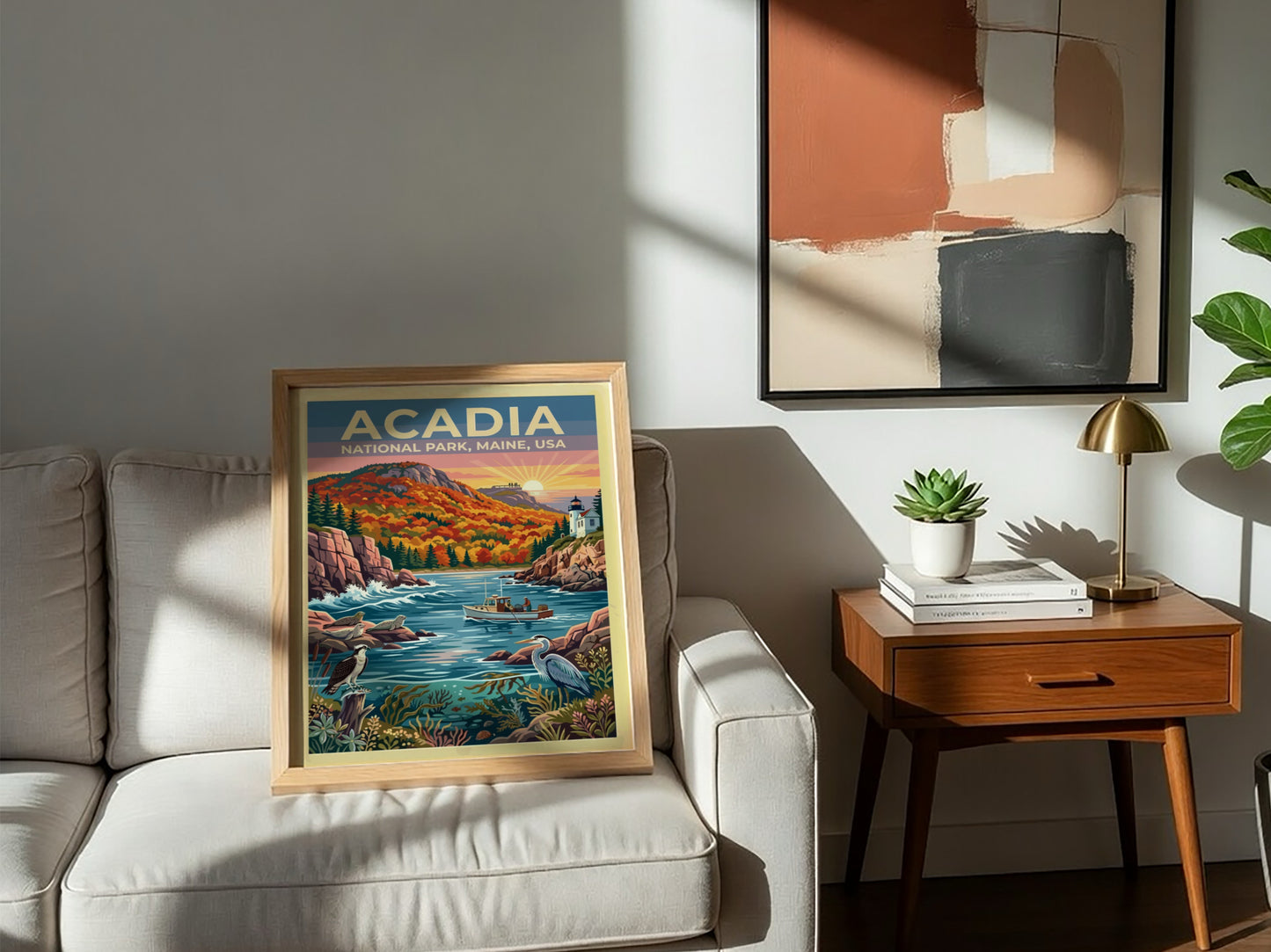 Travel poster of Acadia National Park featuring a lighthouse, fishing boat, and coastal wildlife.