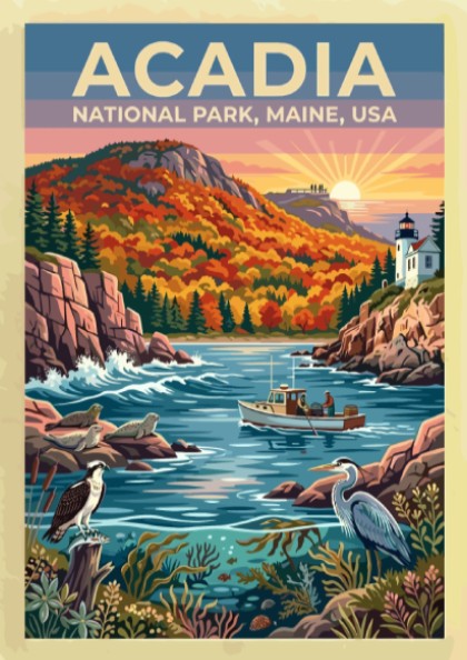 Travel poster of Acadia National Park featuring a lighthouse, fishing boat, and coastal wildlife.