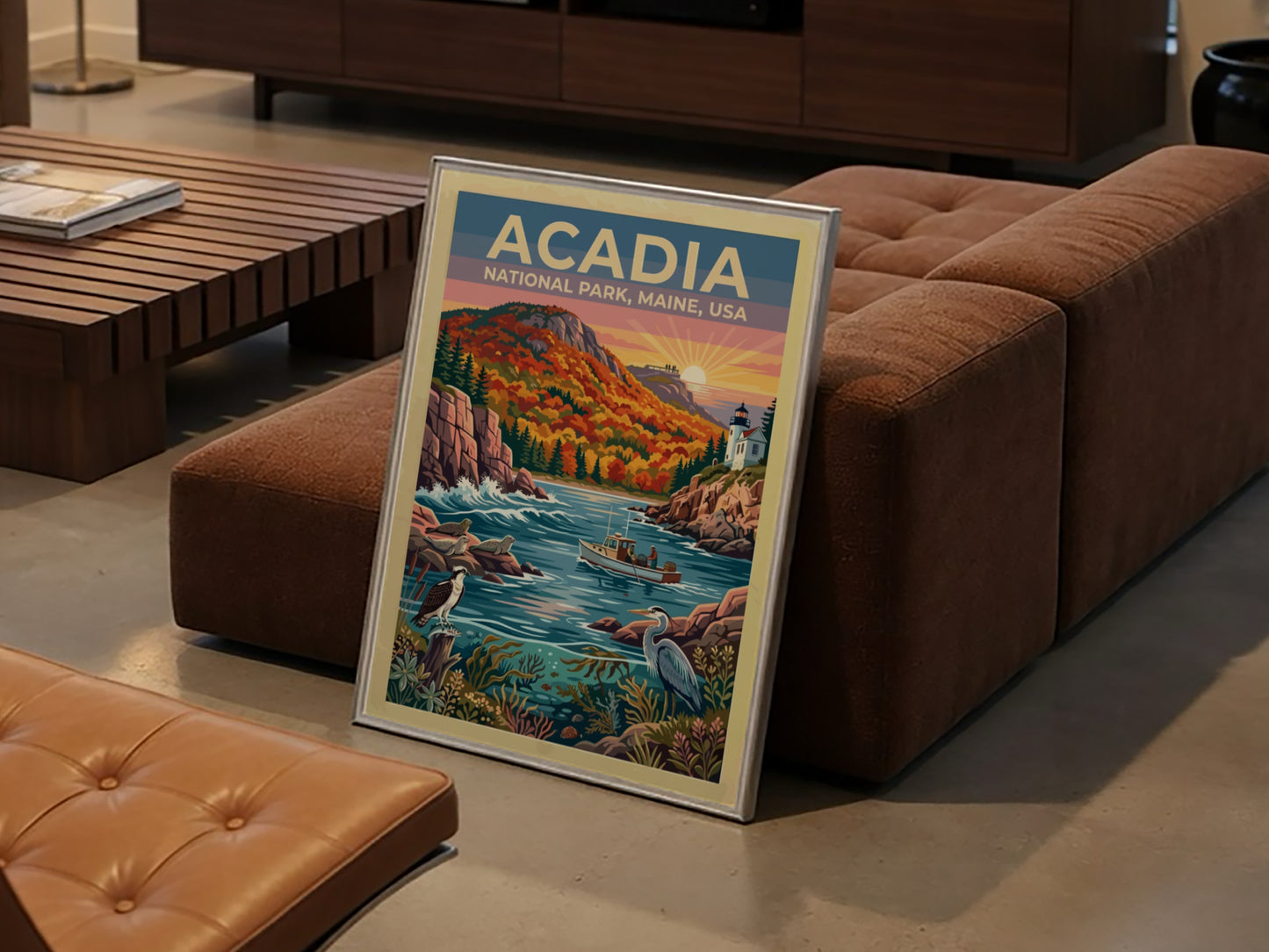 Travel poster of Acadia National Park featuring a lighthouse, fishing boat, and coastal wildlife.