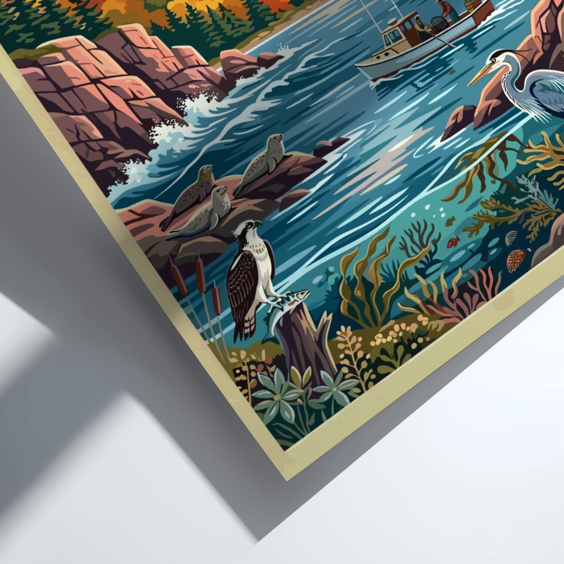 Travel poster of Acadia National Park featuring a lighthouse, fishing boat, and coastal wildlife.