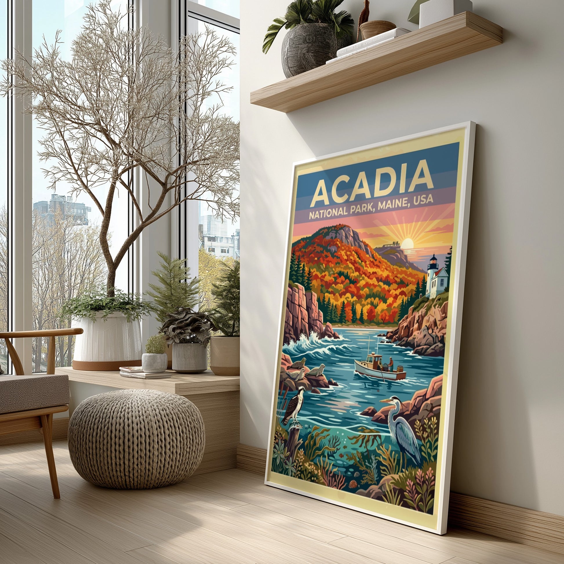 Travel poster of Acadia National Park featuring a lighthouse, fishing boat, and coastal wildlife.