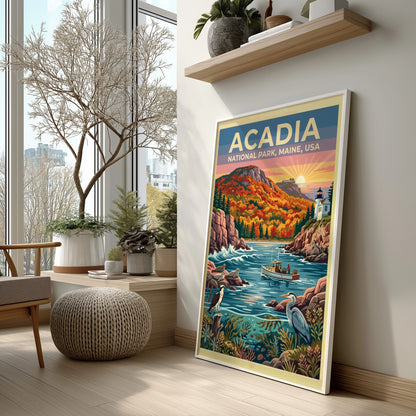 Travel poster of Acadia National Park featuring a lighthouse, fishing boat, and coastal wildlife.