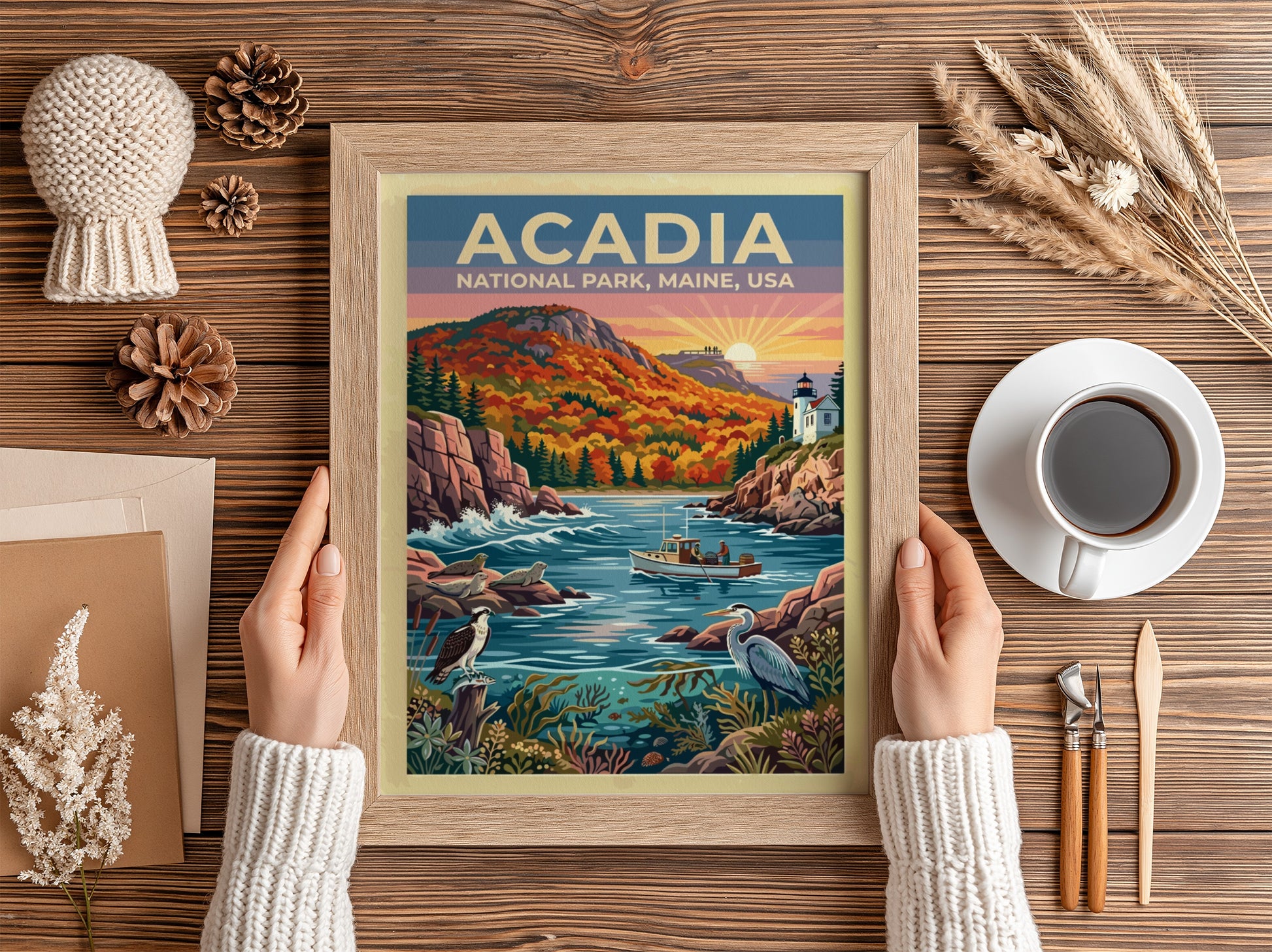 Travel poster of Acadia National Park featuring a lighthouse, fishing boat, and coastal wildlife.