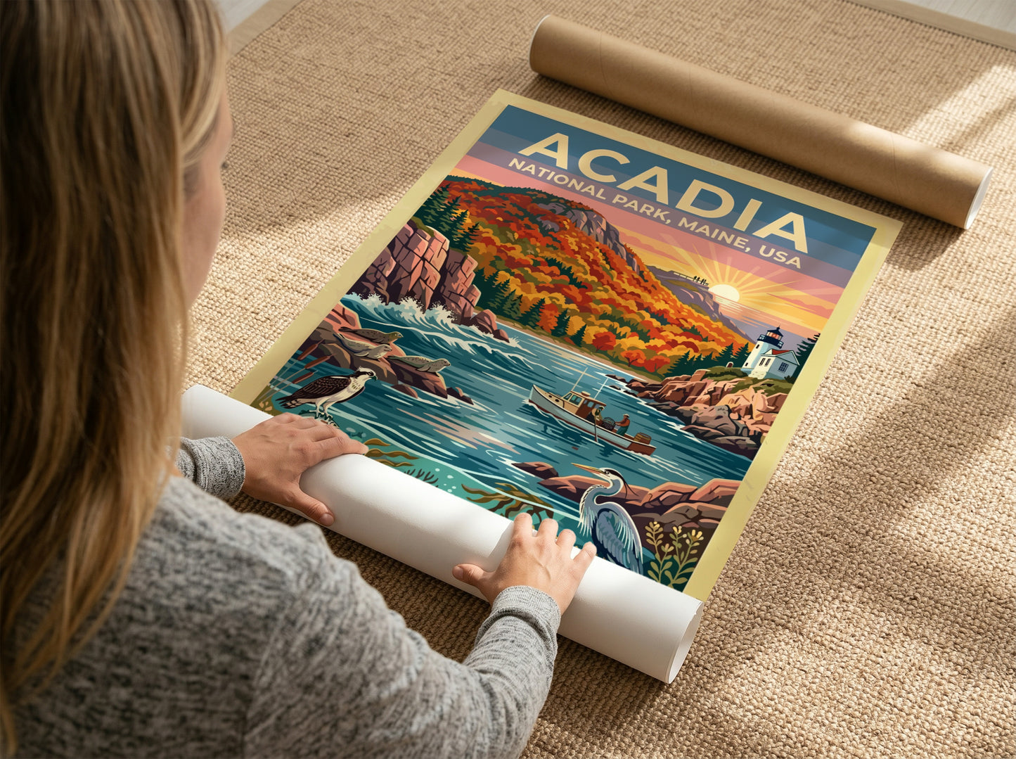 Travel poster of Acadia National Park featuring a lighthouse, fishing boat, and coastal wildlife.