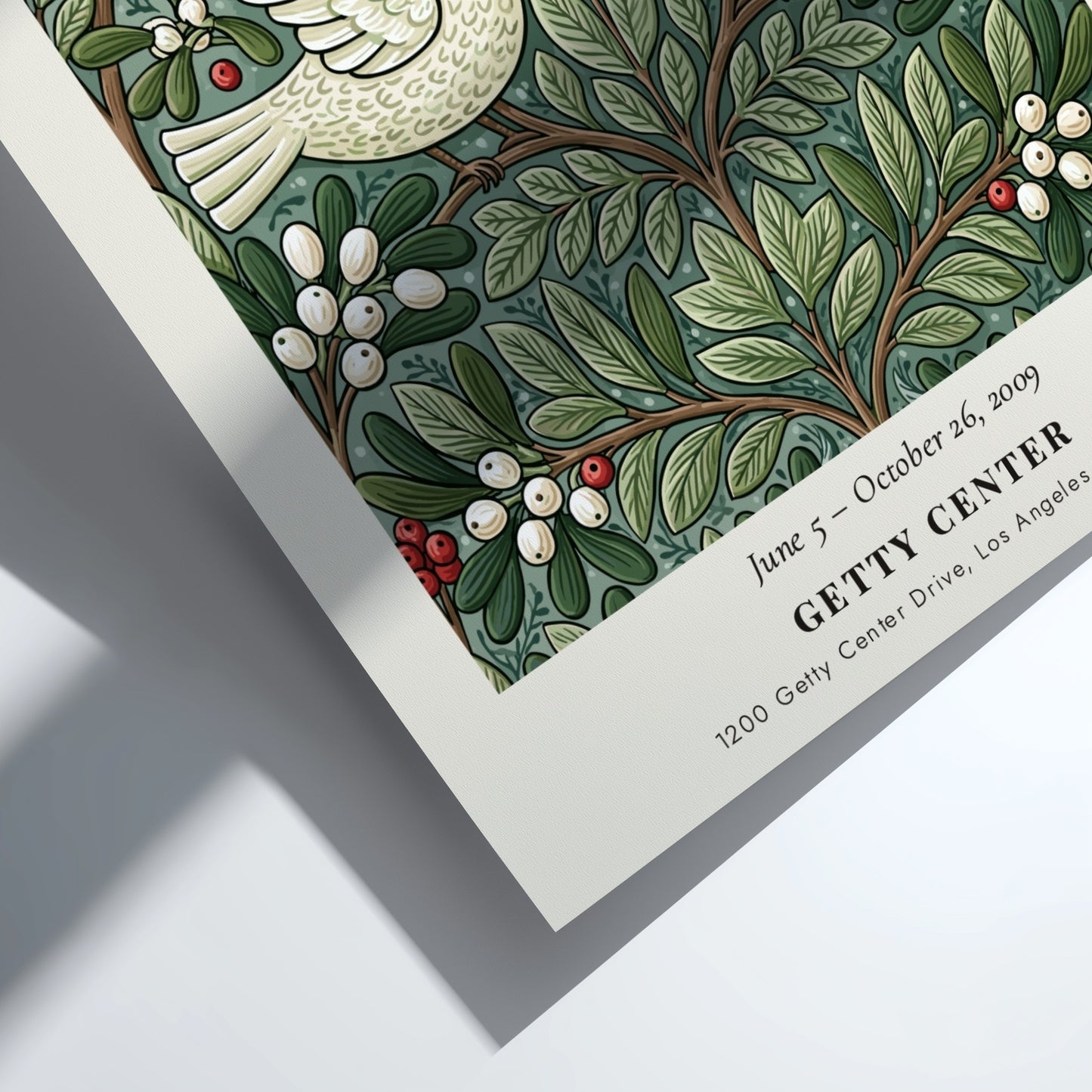 William Morris poster featuring Acanthus & Vine design with botanical patterns in green and white