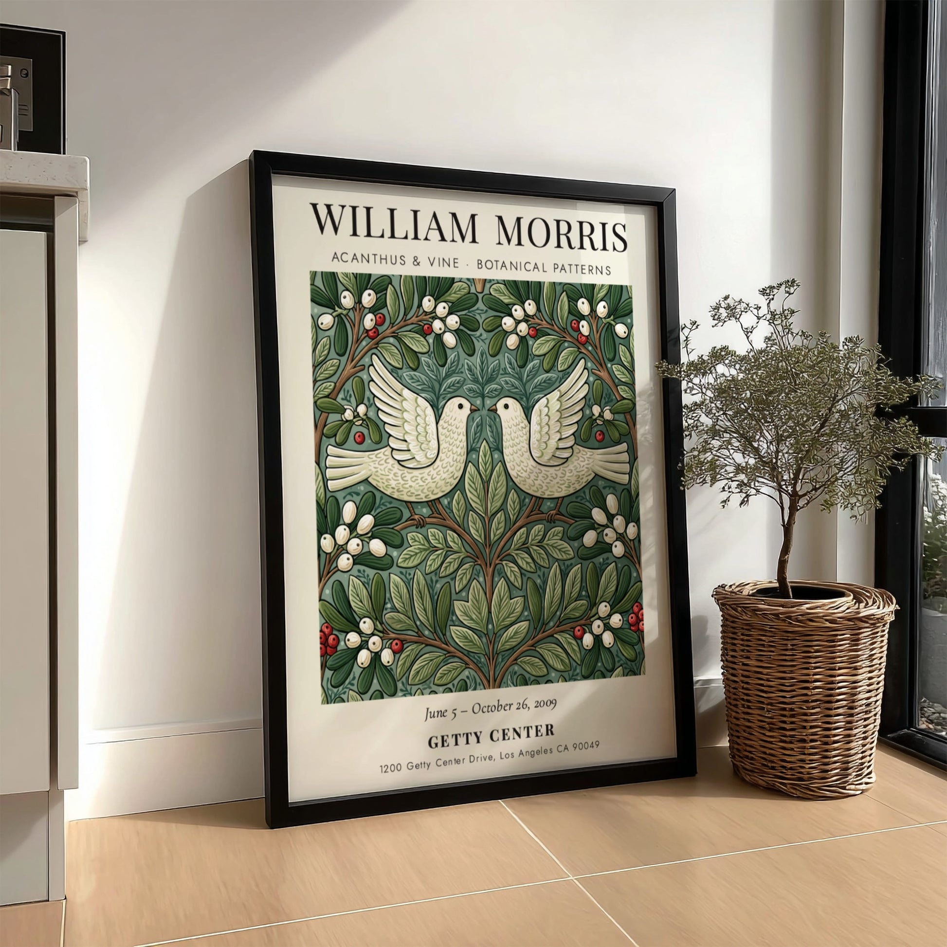 William Morris poster featuring Acanthus & Vine design with botanical patterns in green and white