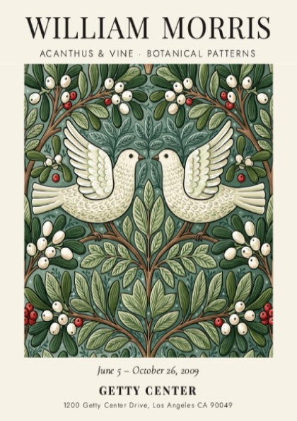 William Morris poster featuring Acanthus & Vine design with botanical patterns in green and white