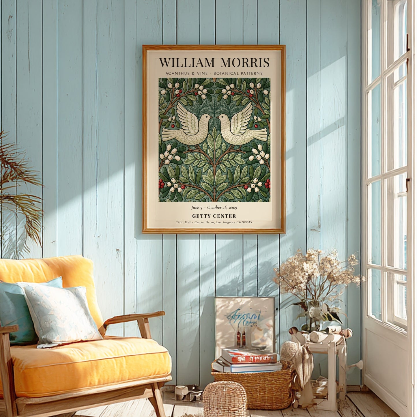 William Morris poster featuring Acanthus & Vine design with botanical patterns in green and white