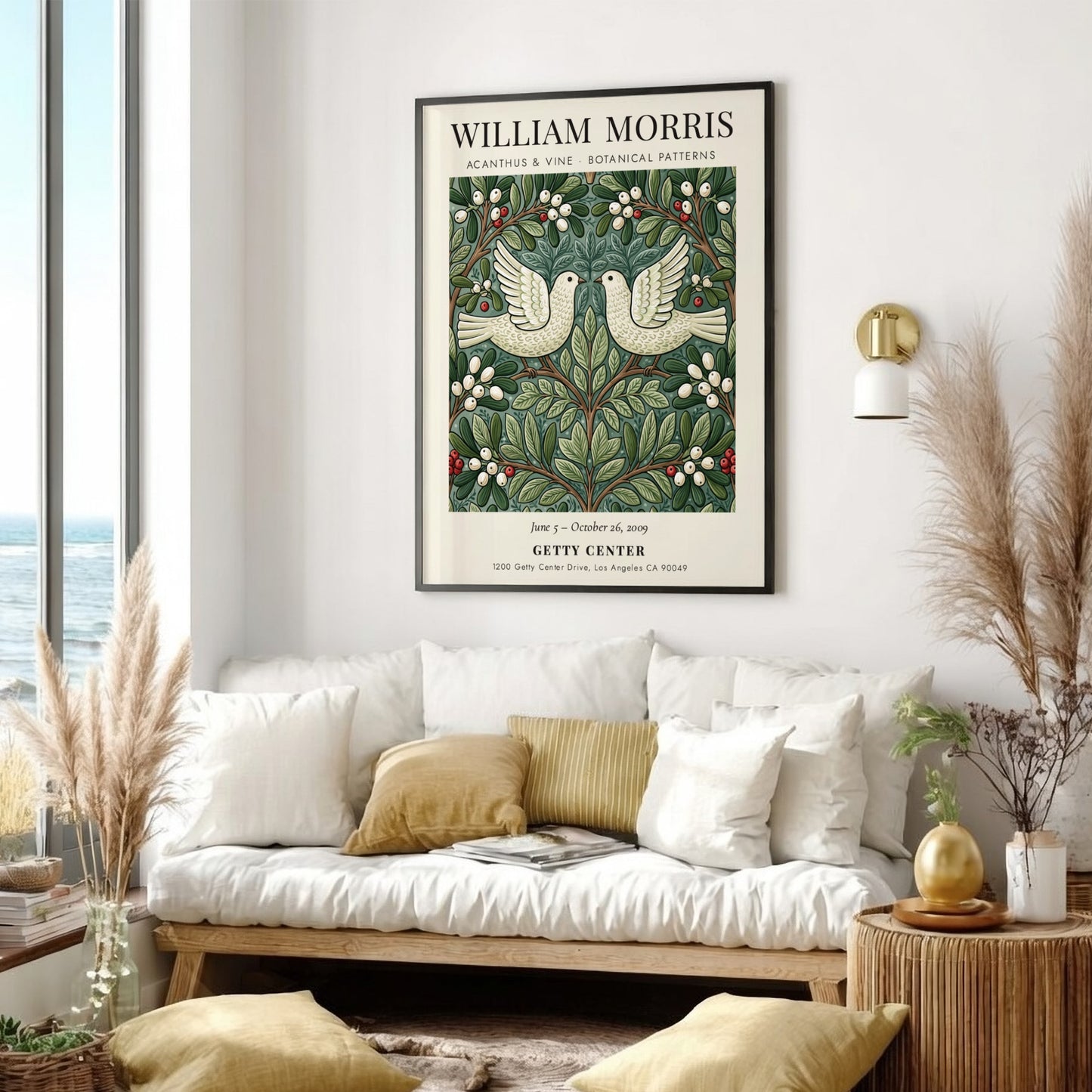 William Morris poster featuring Acanthus & Vine design with botanical patterns in green and white
