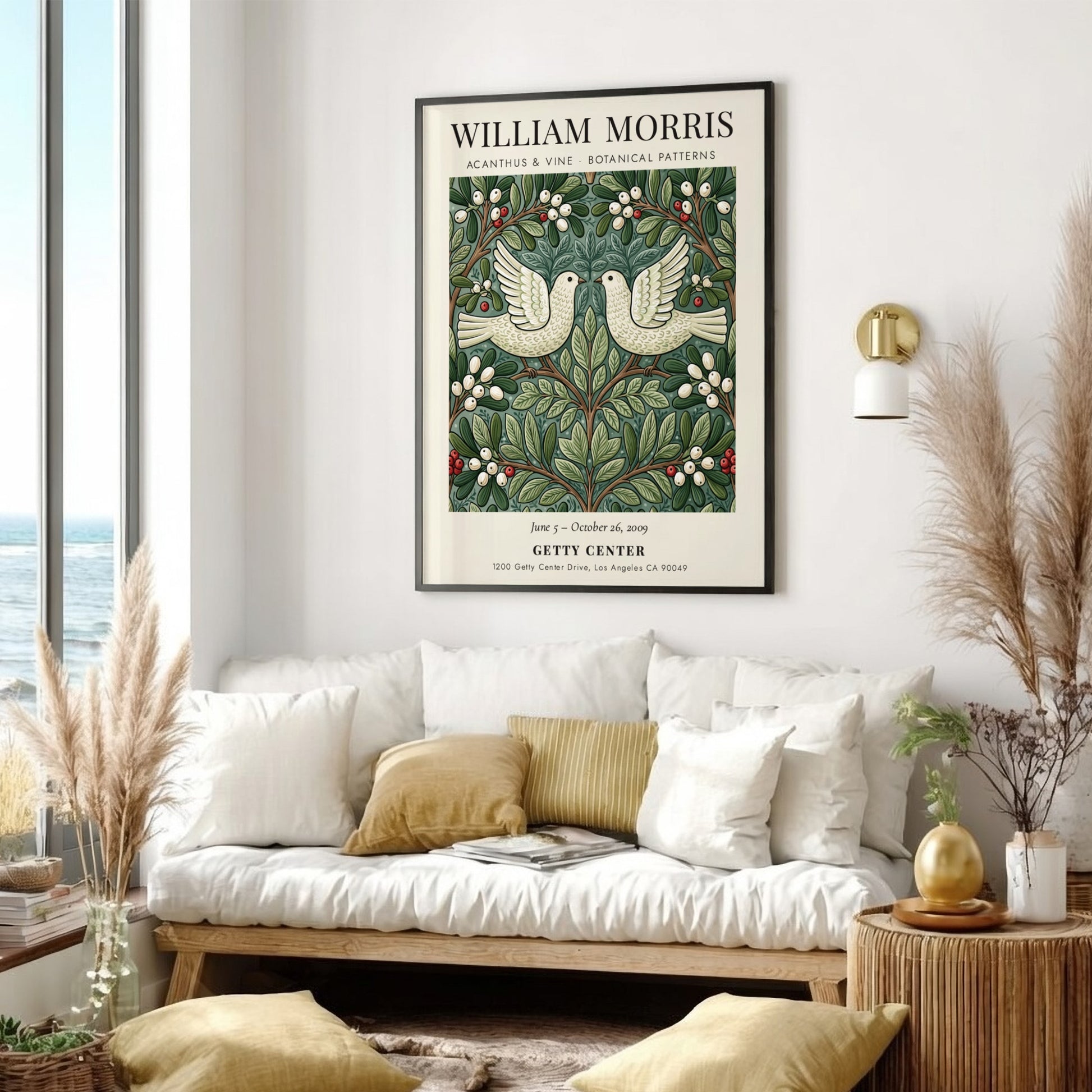 William Morris poster featuring Acanthus & Vine design with botanical patterns in green and white